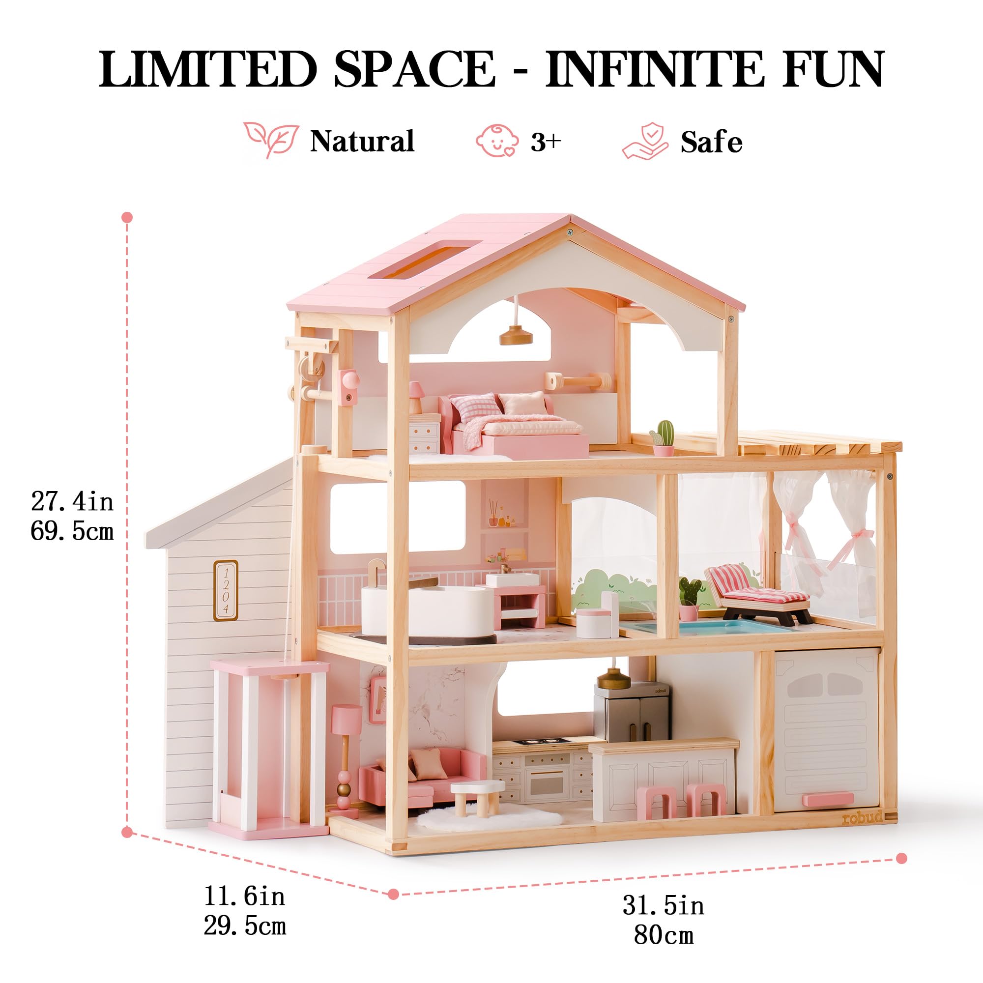 ROBUD Wooden Doll House - Dreamy Pink