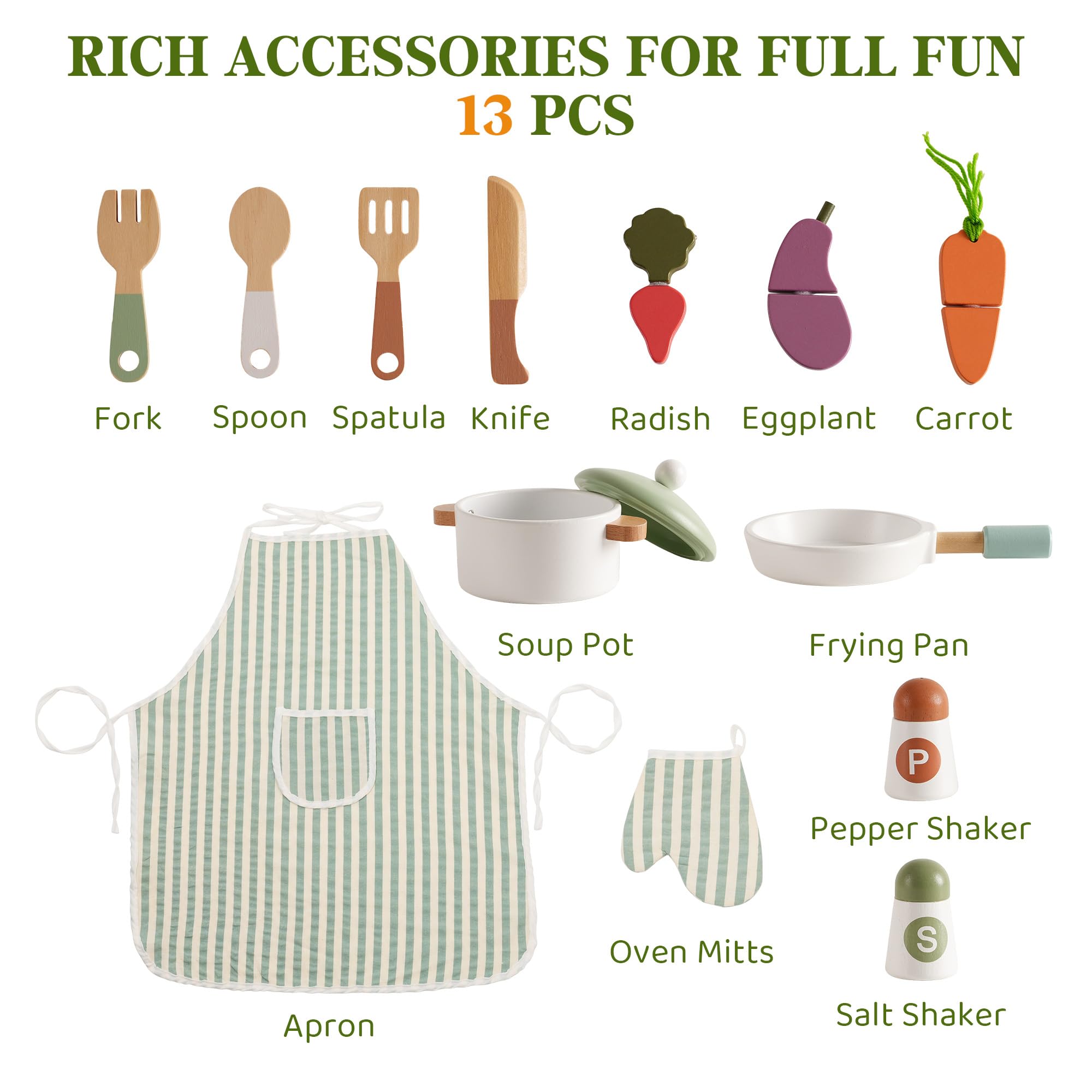 ROBUD Wooden  Kids Play Kitchen Set - Olivia Green