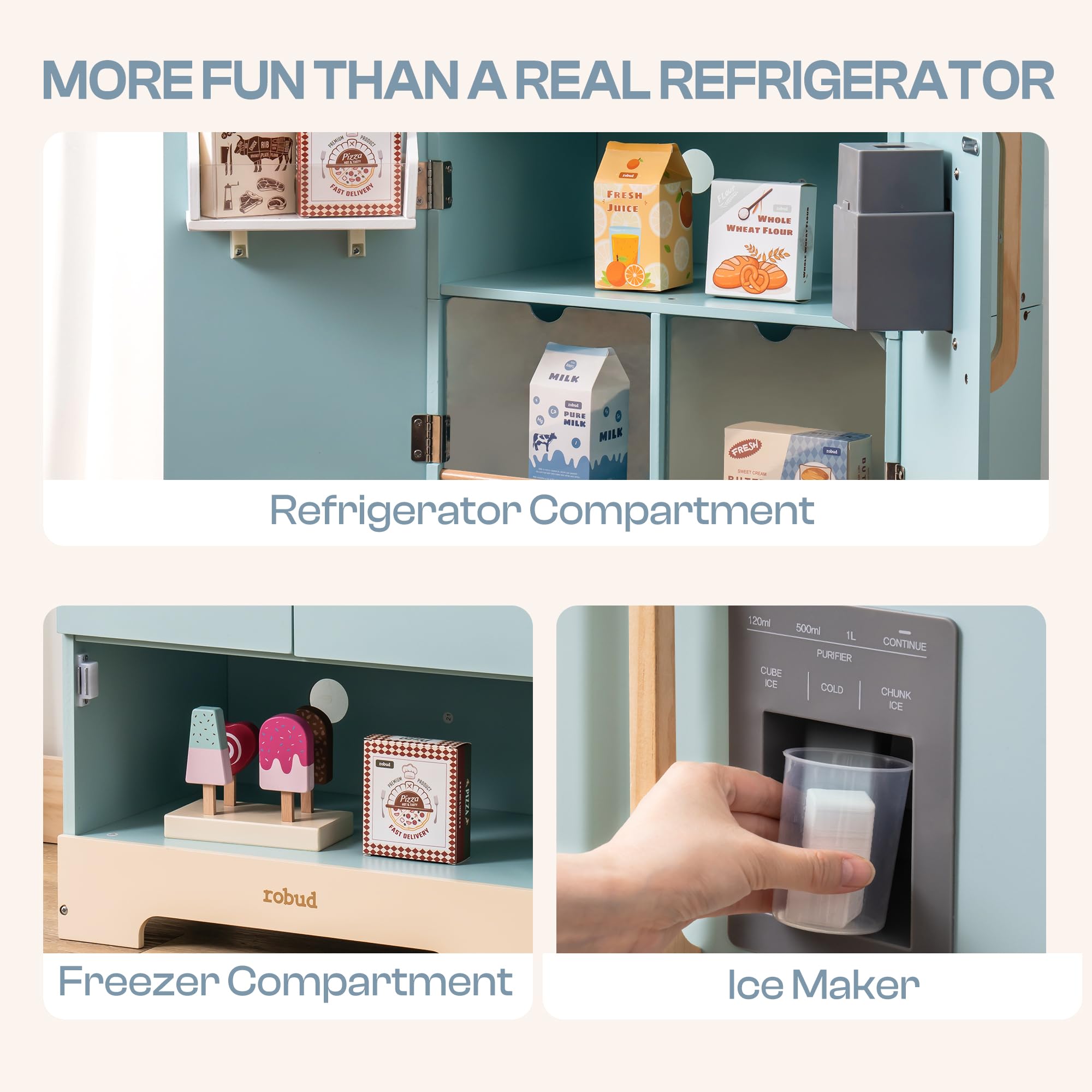 Robud Wooden Play Fridge Freezer Set for Kids