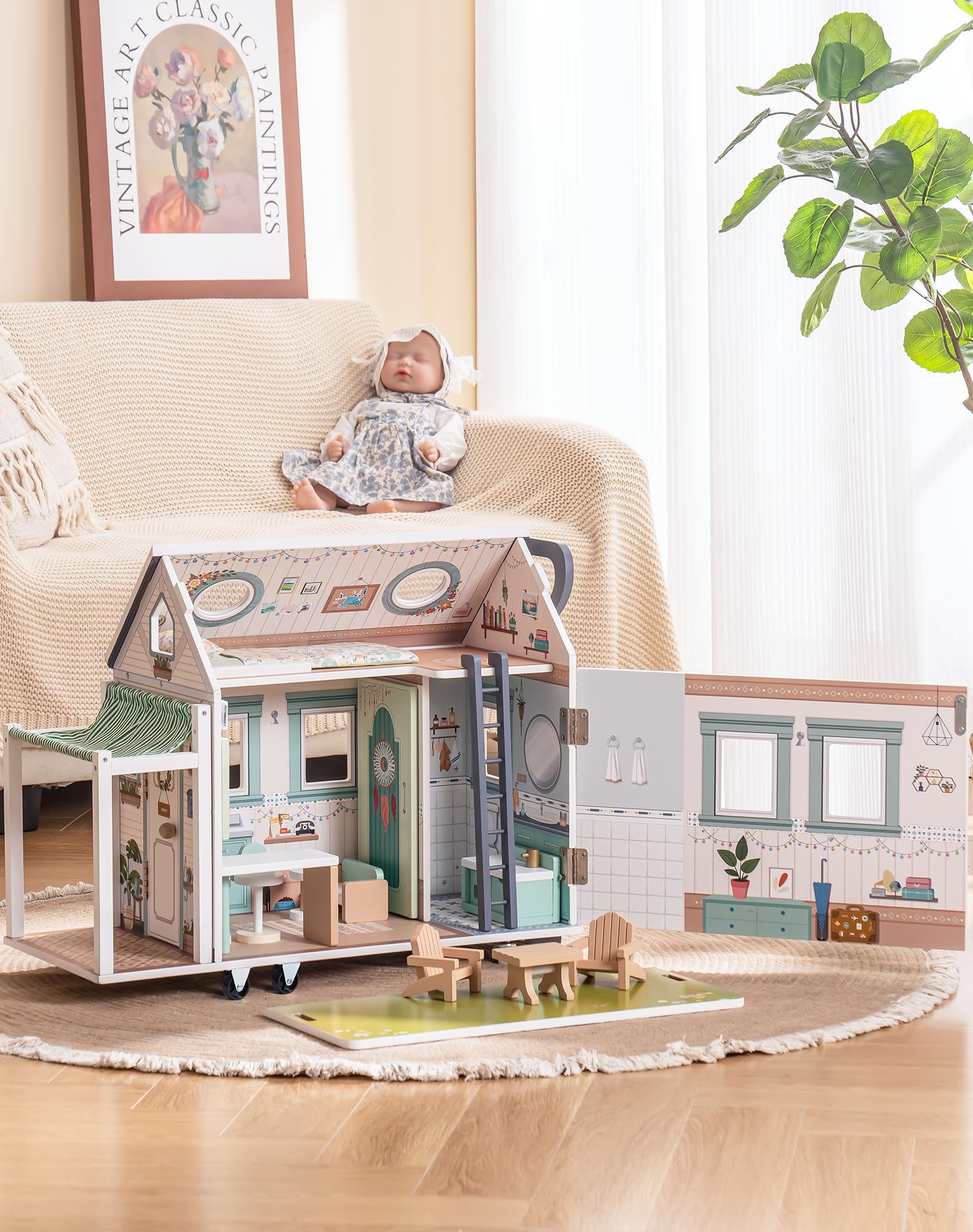 ROBUD Wooden Realistic Camper Van Dollhouse