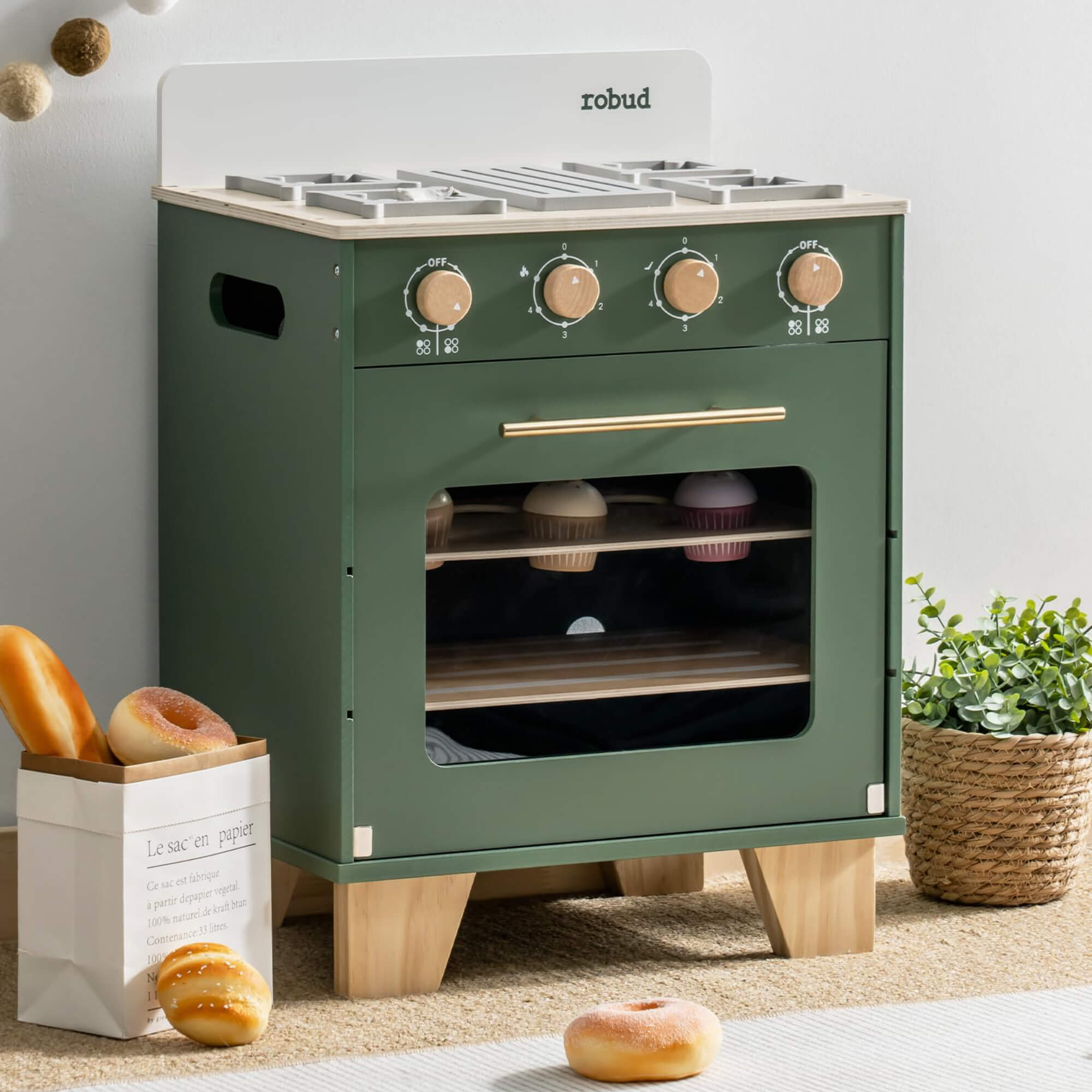 ROBUD Vintage Kids Wooden Toy Kitchen Oven - Green