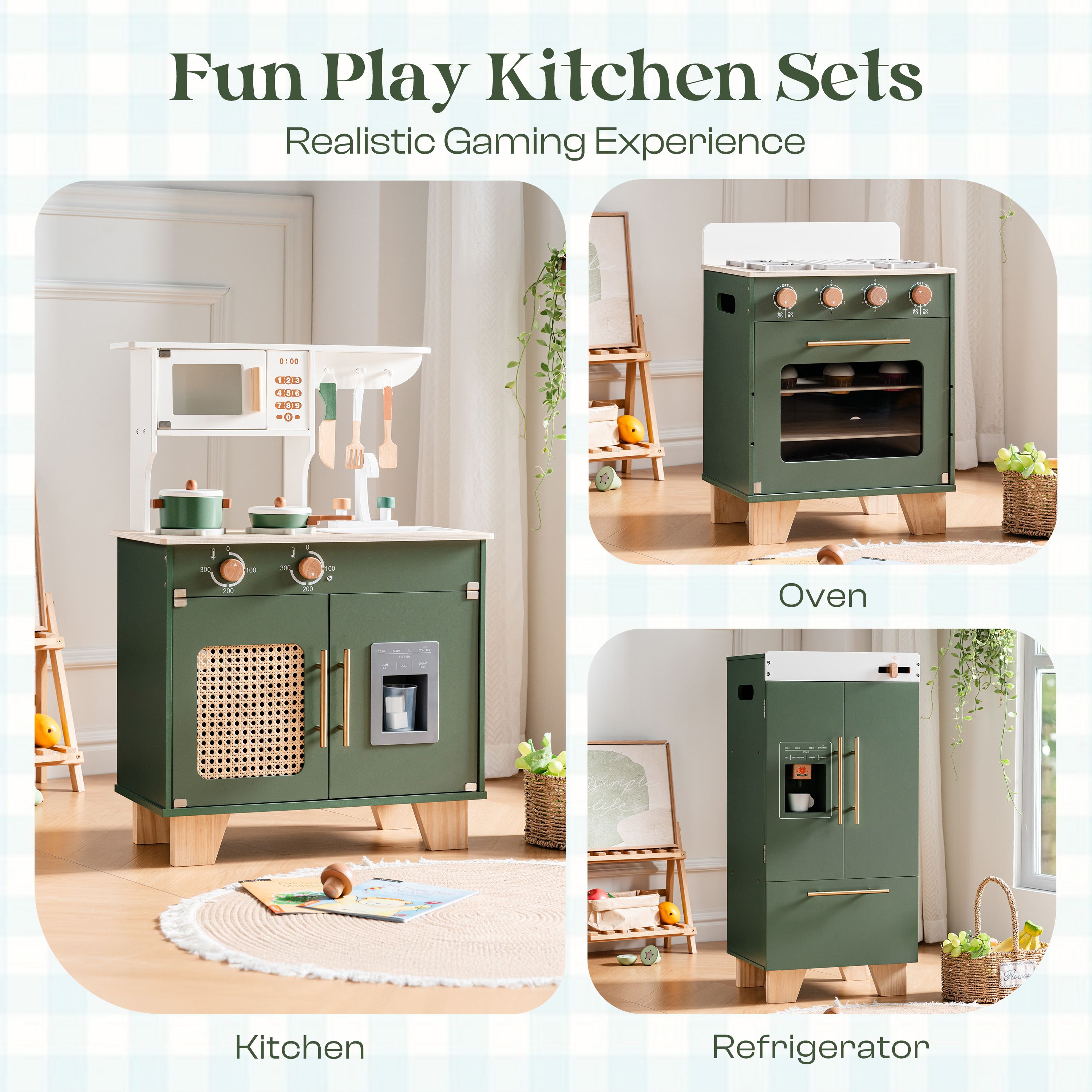 ROBUD Set da Cucina in Legno per Bambini 3 Pezzi – Verde Vintage