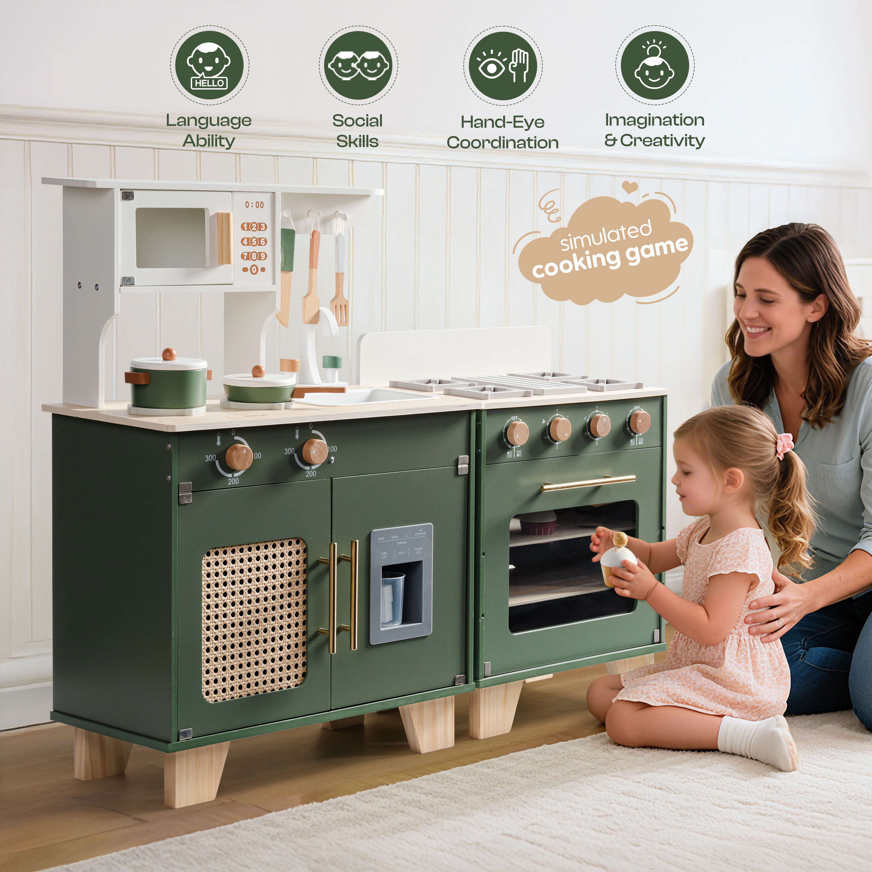 ROBUD Set da Cucina in Legno per Bambini 3 Pezzi – Verde Vintage