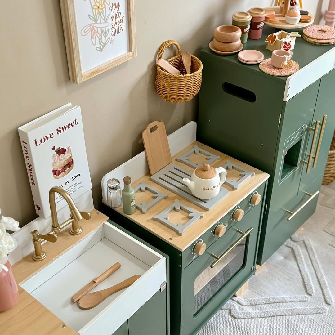 ROBUD Set da Gioco Cucina in Legno per Bambini - Verde Vintage