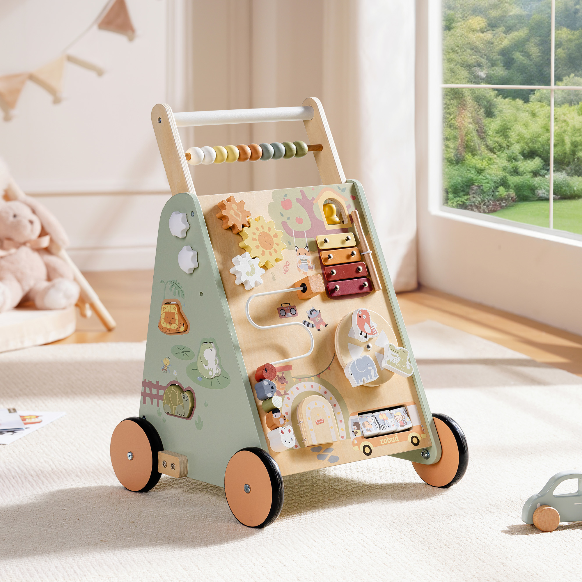 WRP37 wooden push walker in a bright playroom
