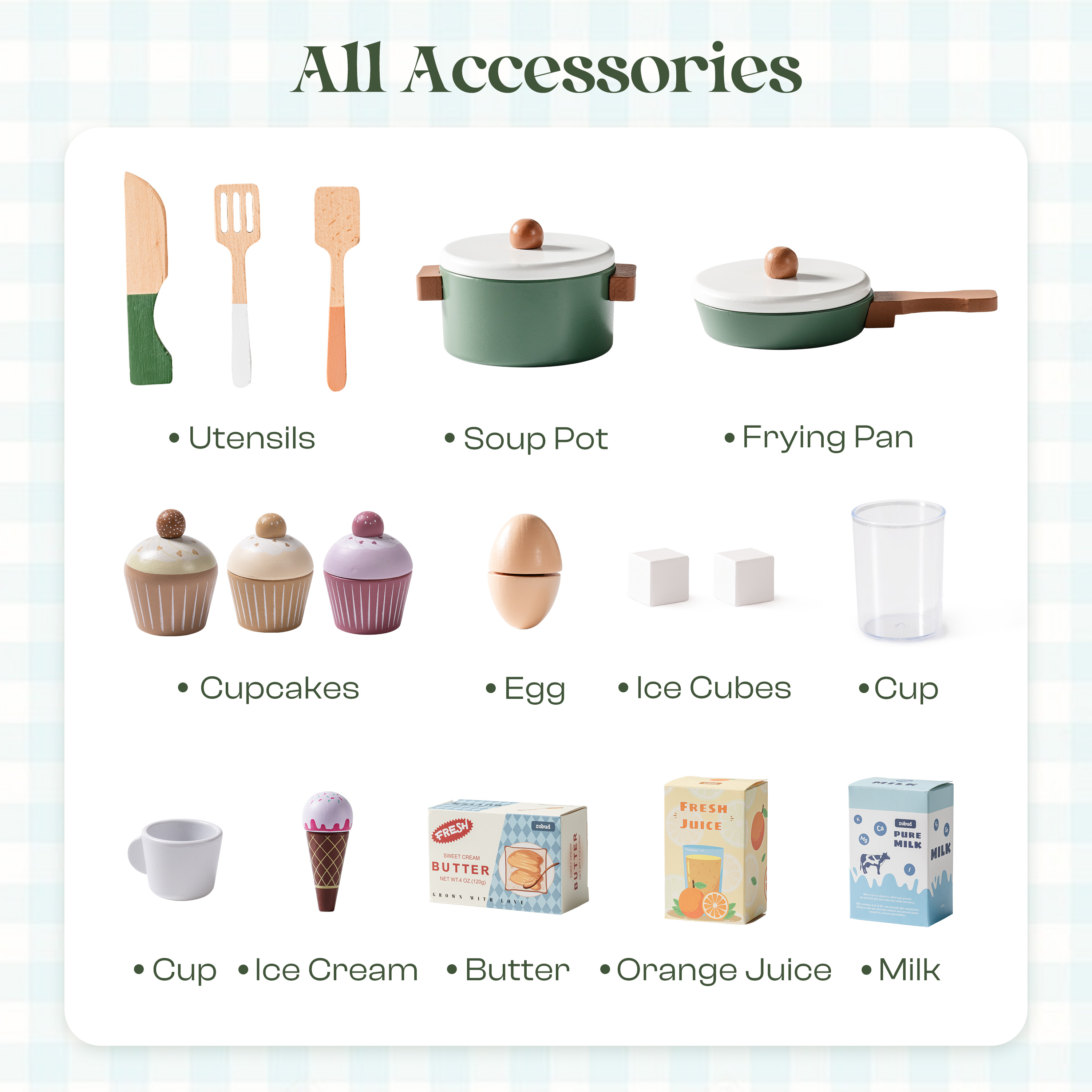 ROBUD Juego de Cocina de Madera para Niños de 3 Piezas – Verde Vintage