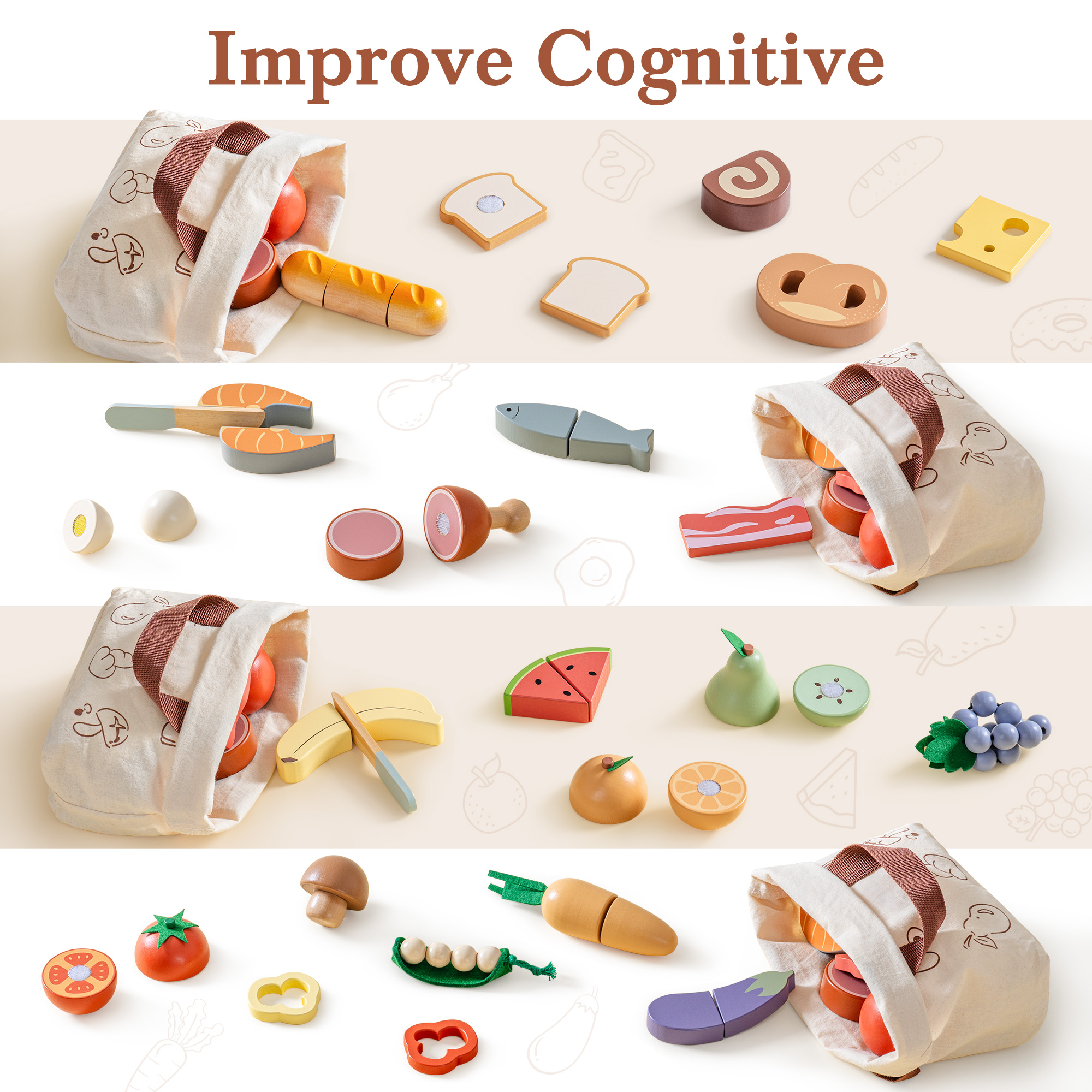 ROBUD Juego de Cortar Comida de Madera 4 en 1