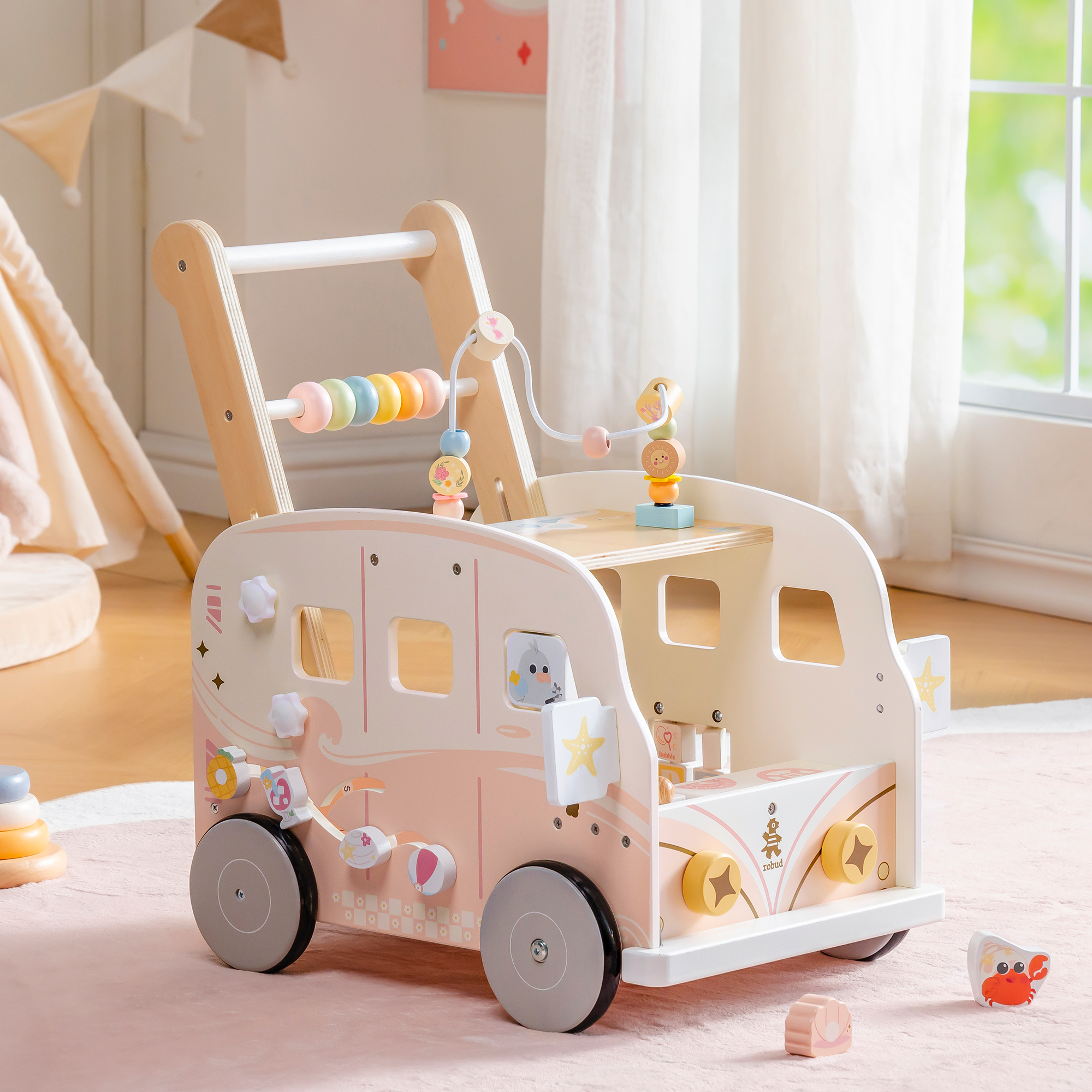 ROBUD Andador de Madera para Bebé – Autobús de Vacaciones Rosa – Image 2