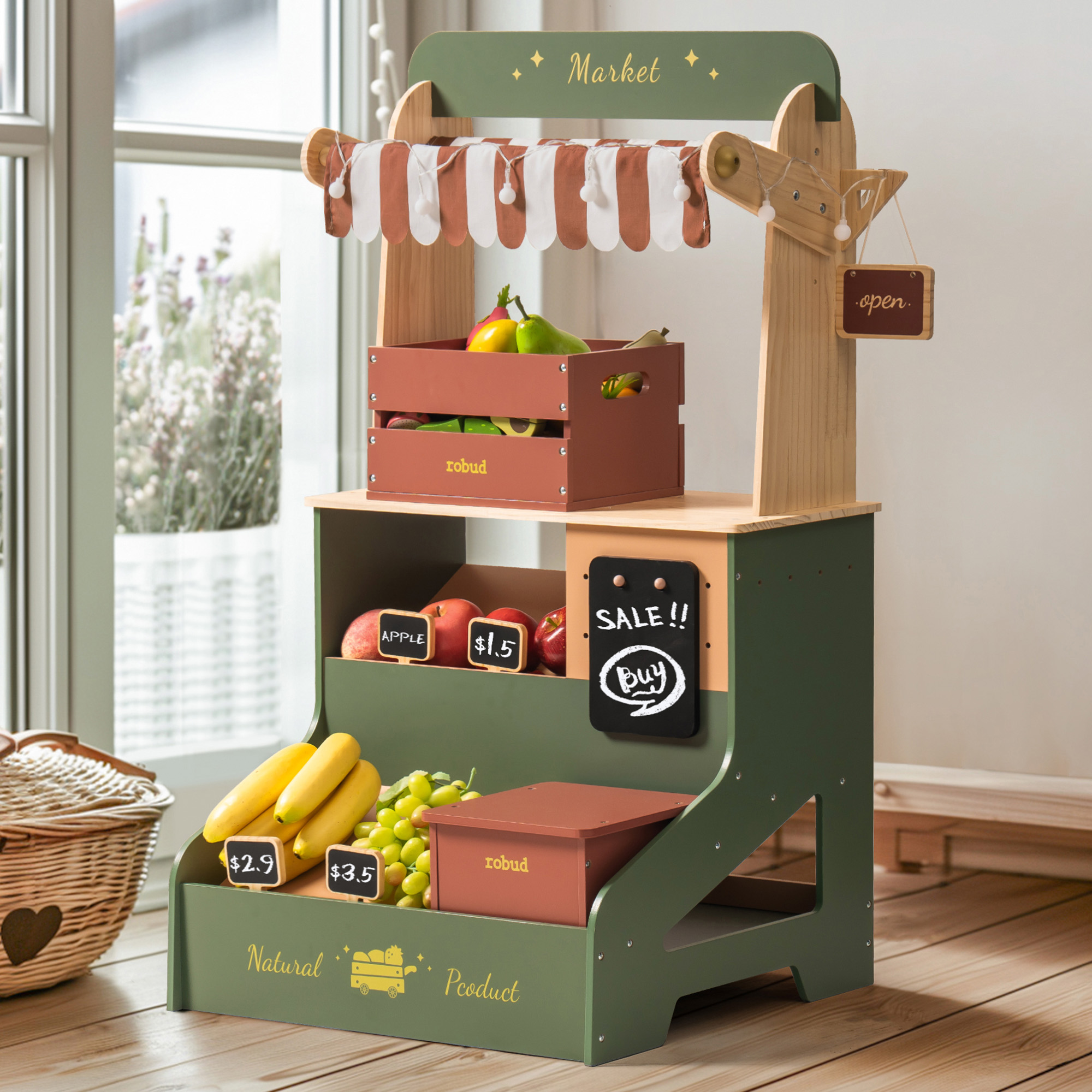 ROBUD Juego de Tienda de Abarrotes de Madera - Puesto de Mercado Starlight