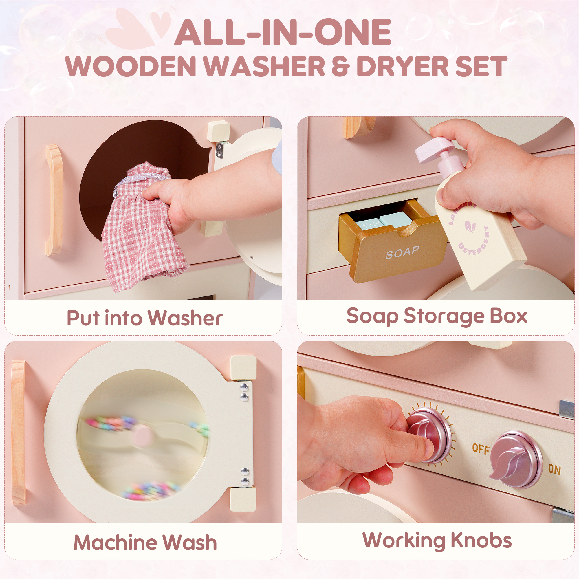 ROBUD Wooden Pink Washing Machine With Dryer