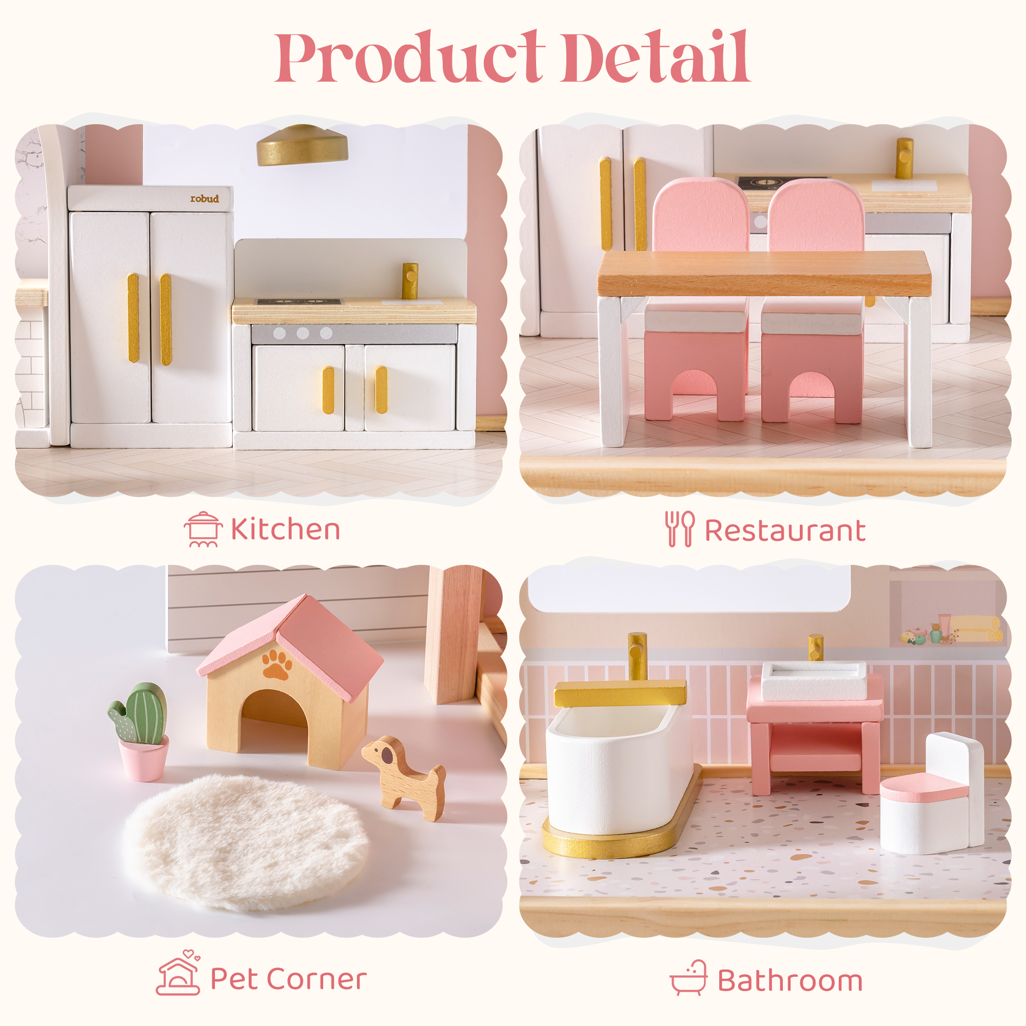 ROBUD Wooden Dollhouse Furniture Set - Pink