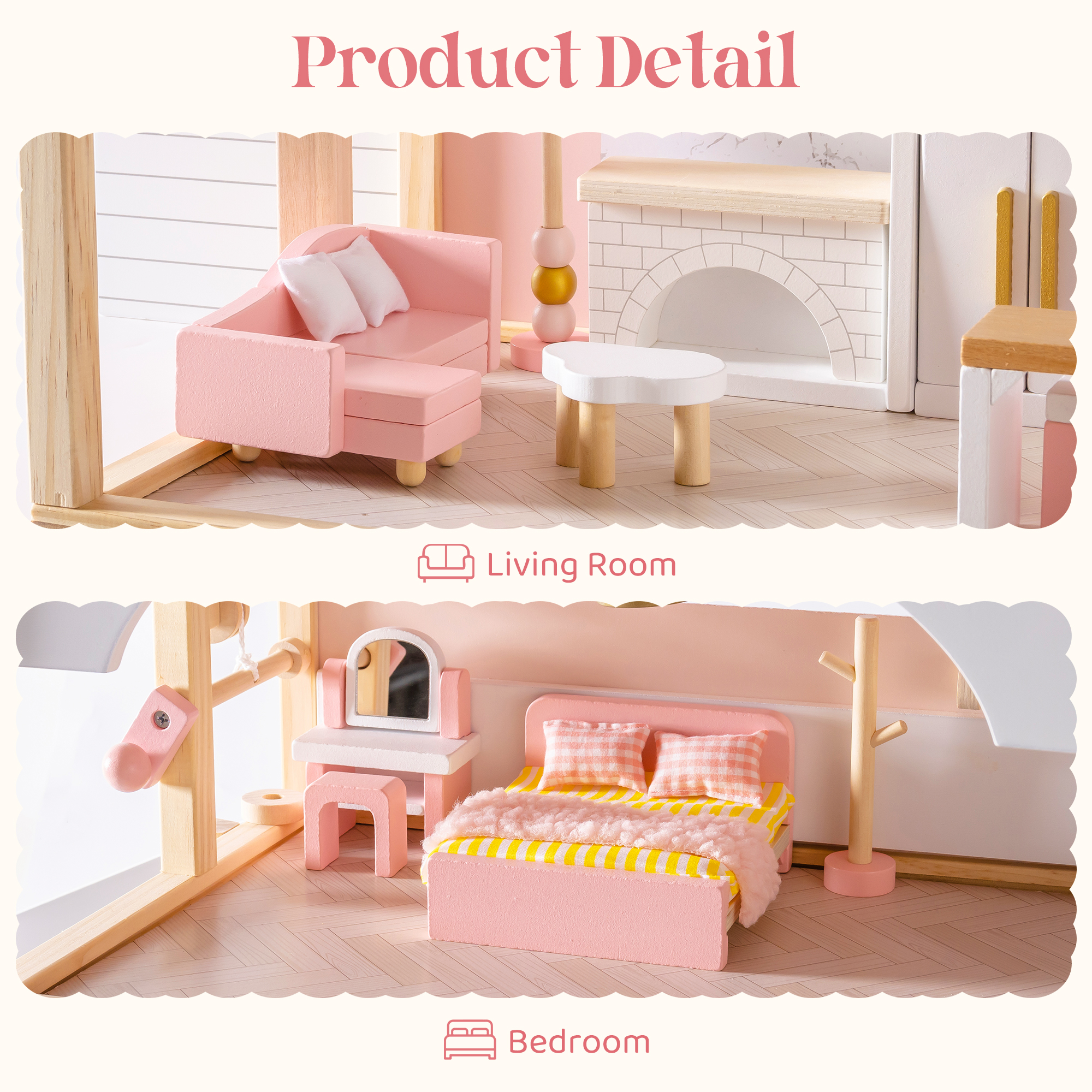 ROBUD Wooden Dollhouse Furniture Set - Pink