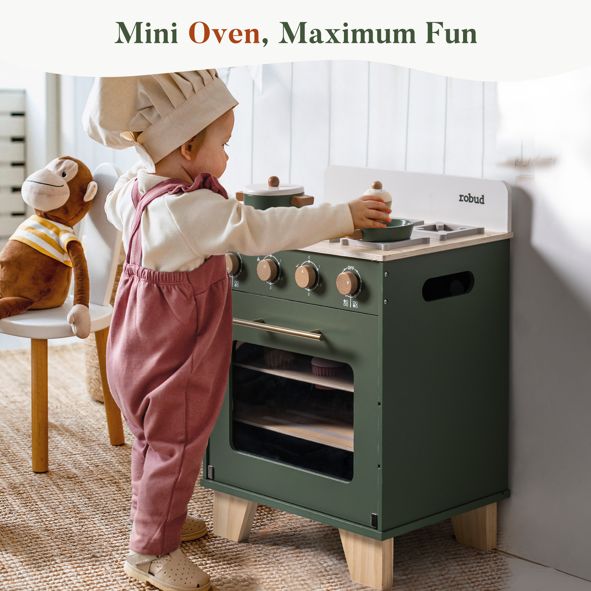 ROBUD Juego de Cocina de Madera para Niños - Verde Vintage