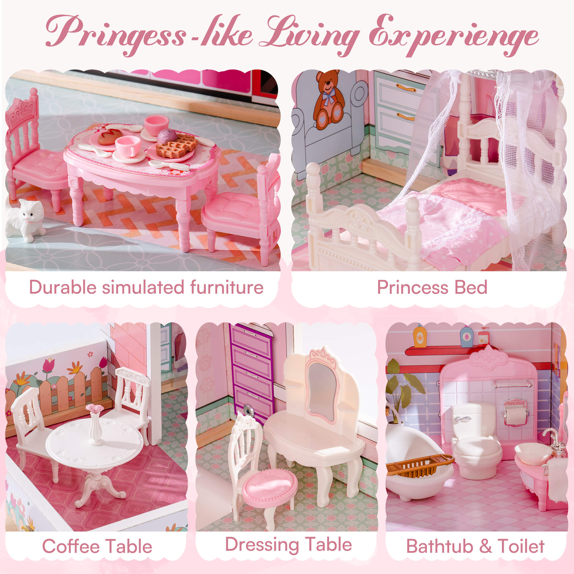 ROBUD Wooden Dollhouse with Elevator 20pcs Furniture 3-Storey Preschool WDH04