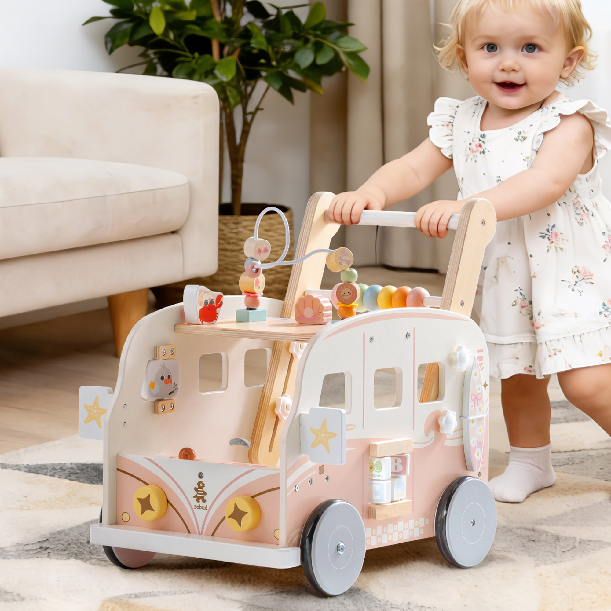 ROBUD Andador de Madera para Bebé – Autobús de Vacaciones Rosa – Image 6