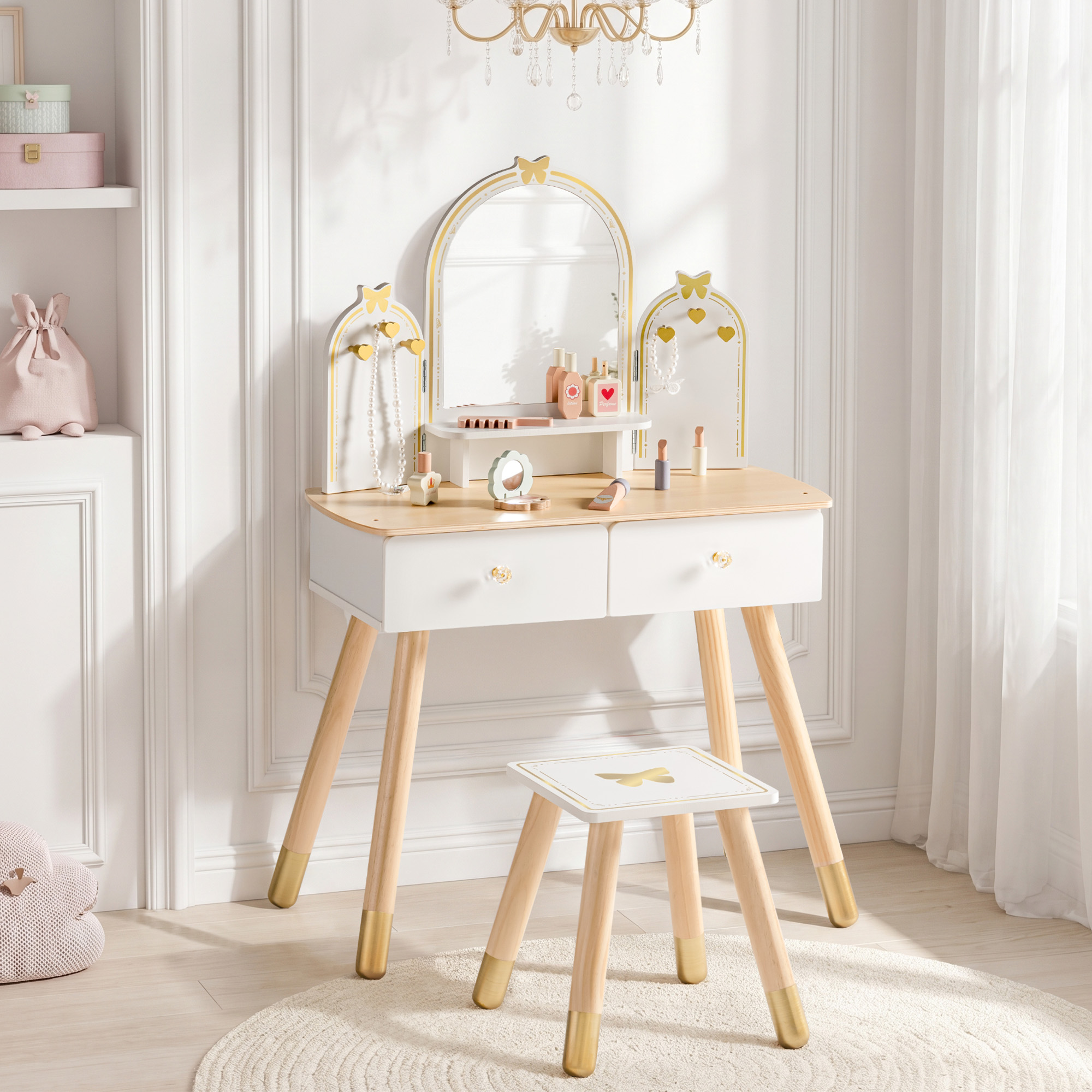 ROBUD Tocador infantil con taburete, juego de tocador de madera con espejo, ganchos para joyas, cajones y accesorios