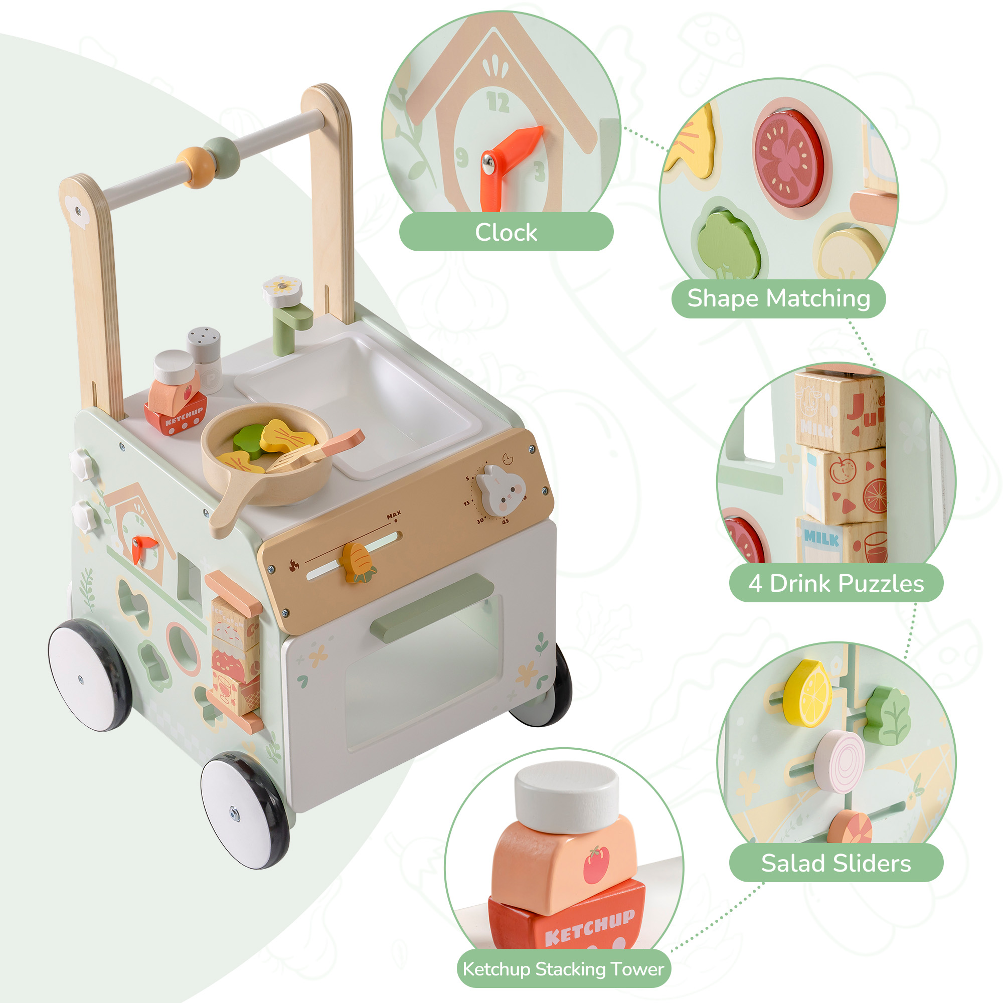 ROBUD Wooden Baby Push Walker Spring Countryside