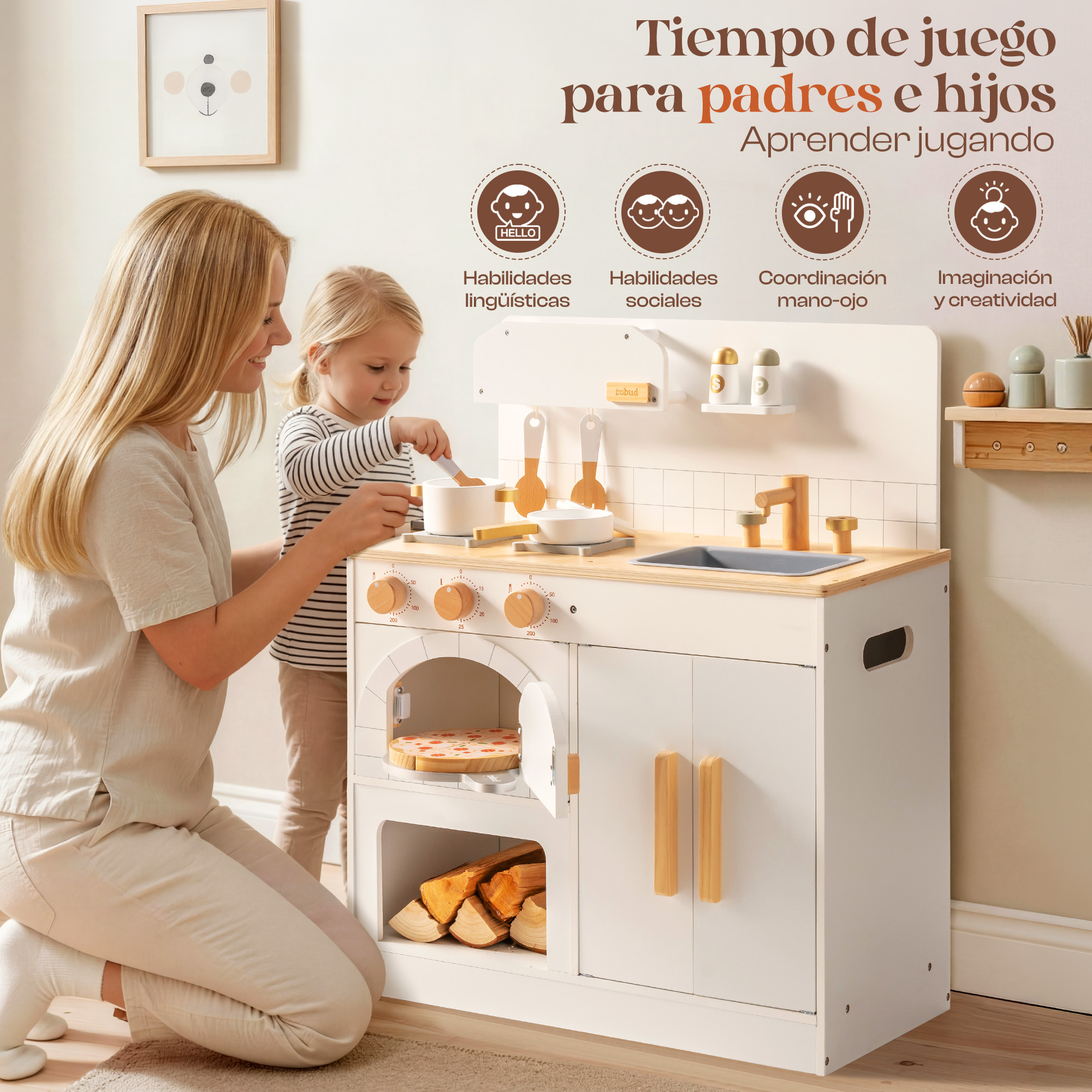 Preventa - ROBUD Cocina de Juguete de Madera para Niños con Horno de Pizza