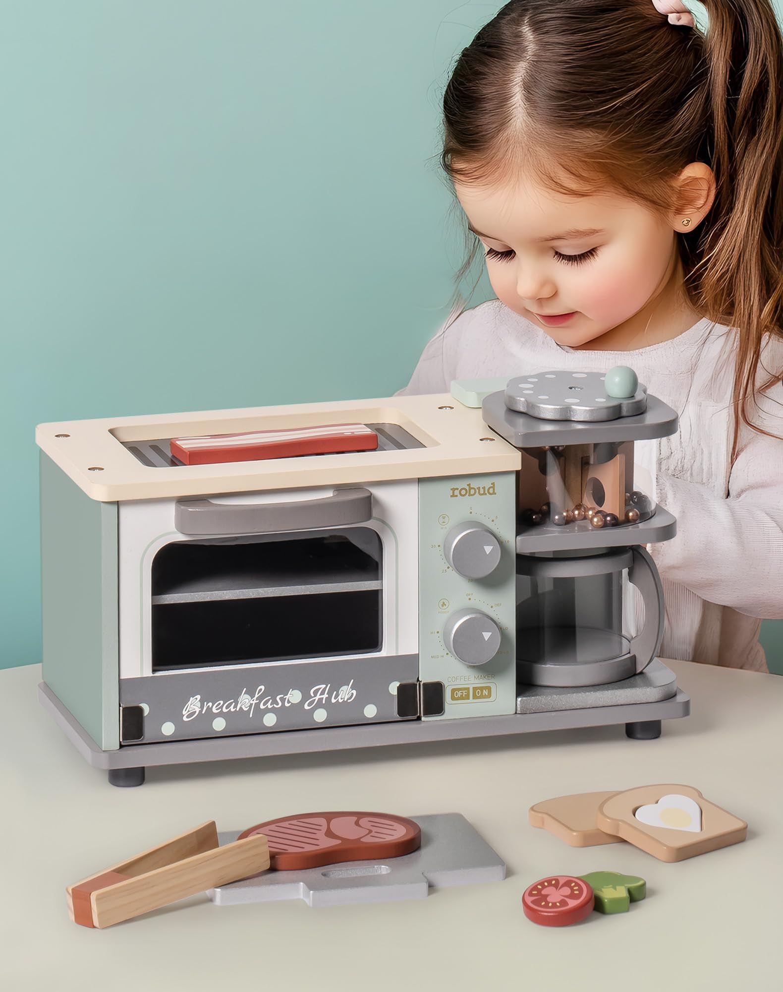 ROBUD Wooden Breakfast Set with Coffee Maker, Toaster, Griddle, Play Food for Kids Ages 3+ Boys and Girls - Mint Green