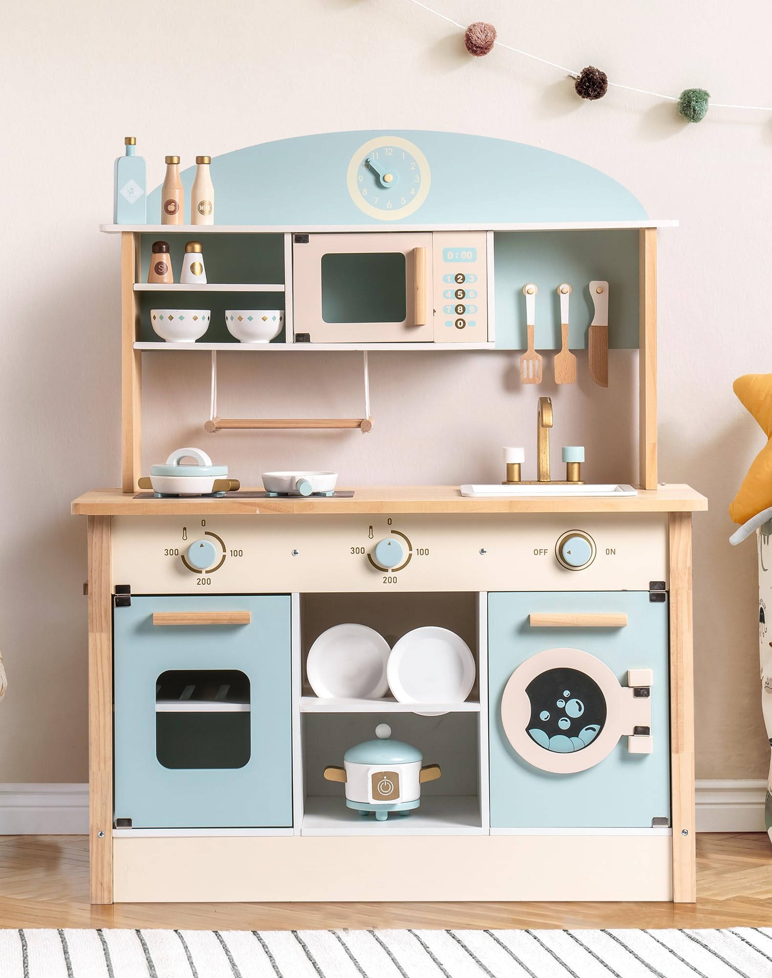 ROBUD Wooden Play Kitchen with Realistic Accessories