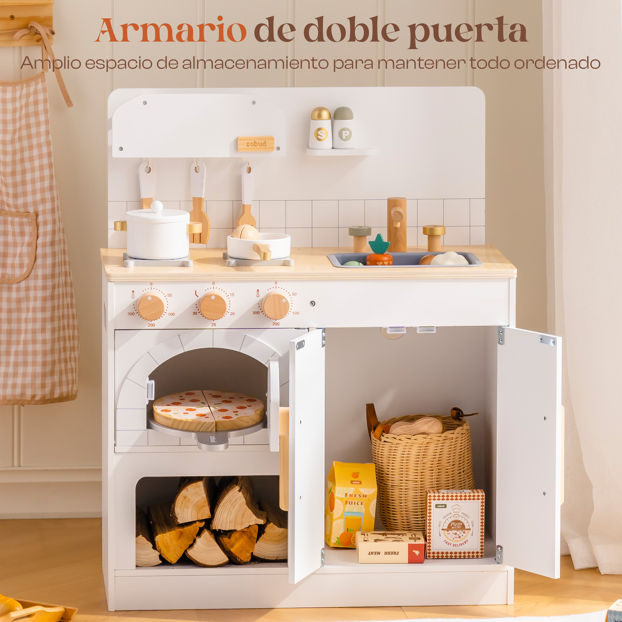 Preventa - ROBUD Cocina de Juguete de Madera para Niños con Horno de Pizza