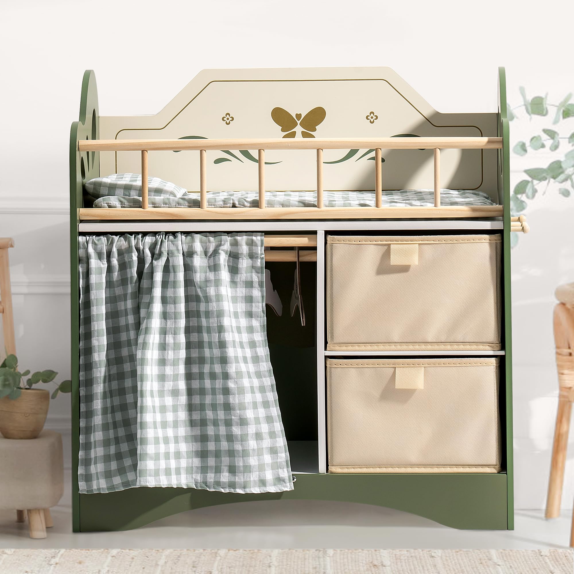 ROBUD Holz Puppenbett für Kinder, Baby Puppenbett mit Aufbewahrungsschrank und Bettwäsche, Puppenbett geeignet für Puppen bis 22 Zoll