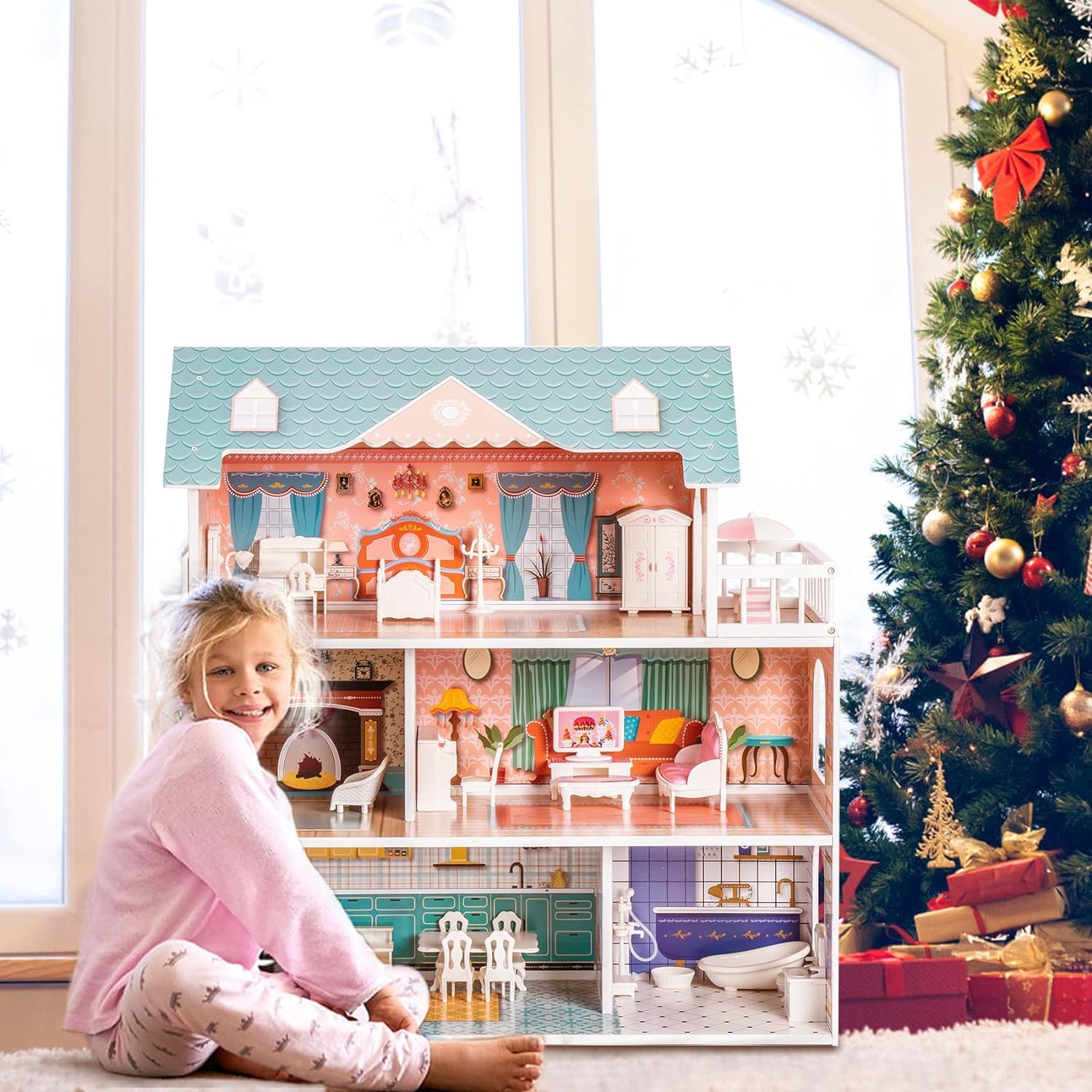 ROBUD Wooden Dollhouse for Kids Girls with Furniture