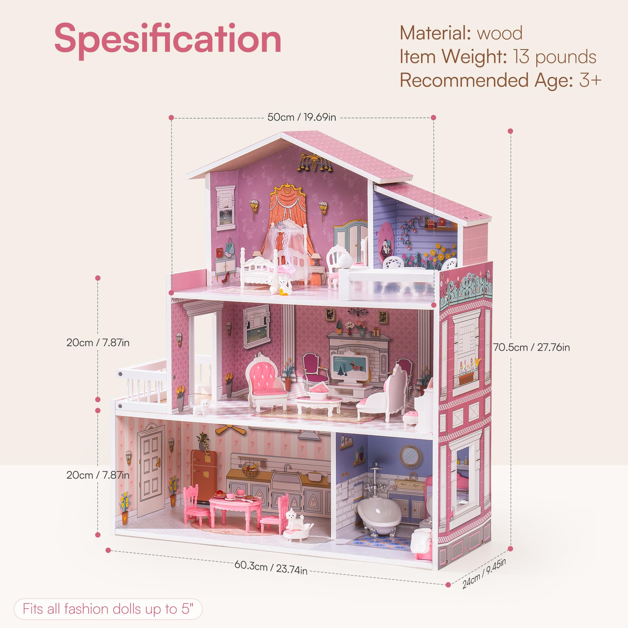 ROBUD Wooden Dollhouse for Kids with 24pcs Furniture Preschool