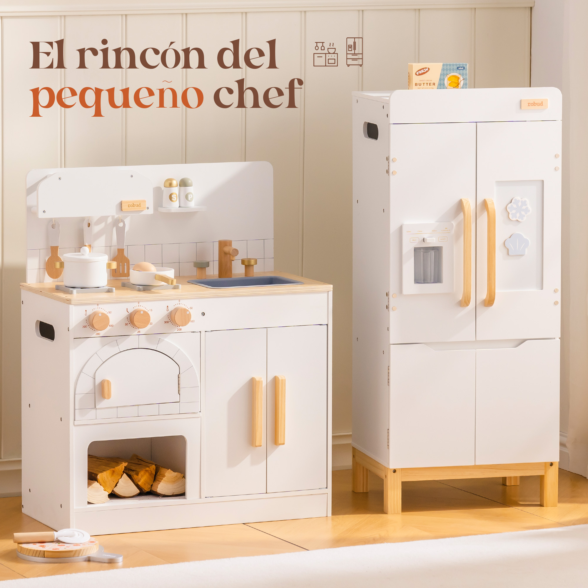 Preventa - ROBUD Cocina de Juguete de Madera para Niños con Horno de Pizza
