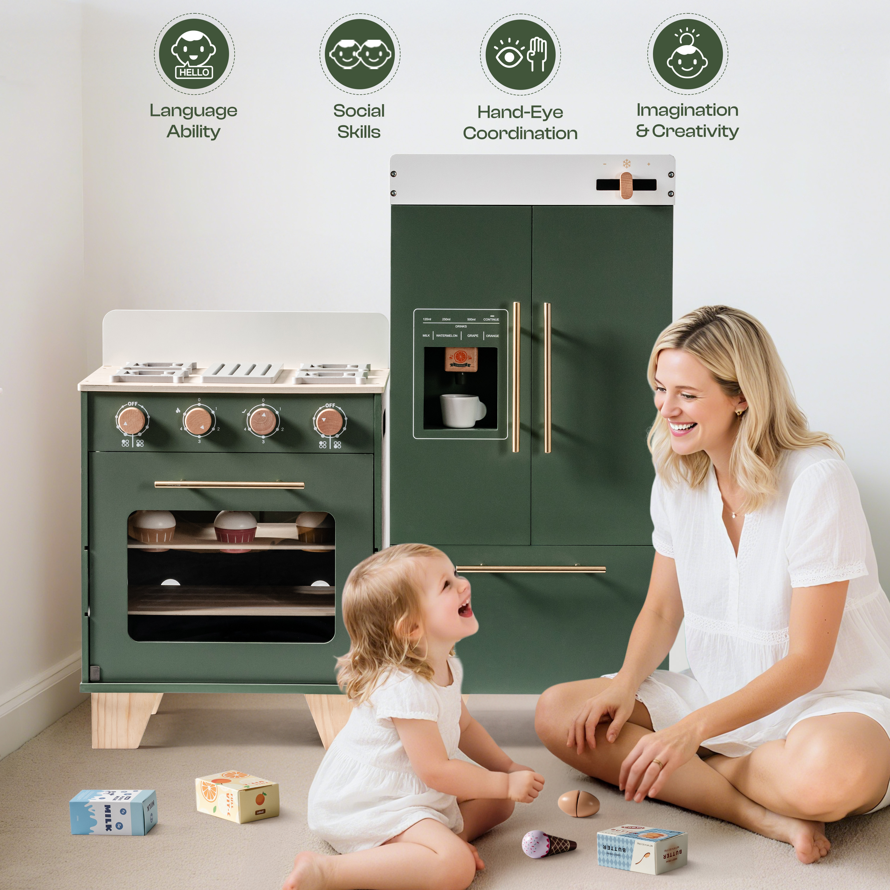 ROBUD Juego de Cocina de Madera para Niños de 3 Piezas – Verde Vintage