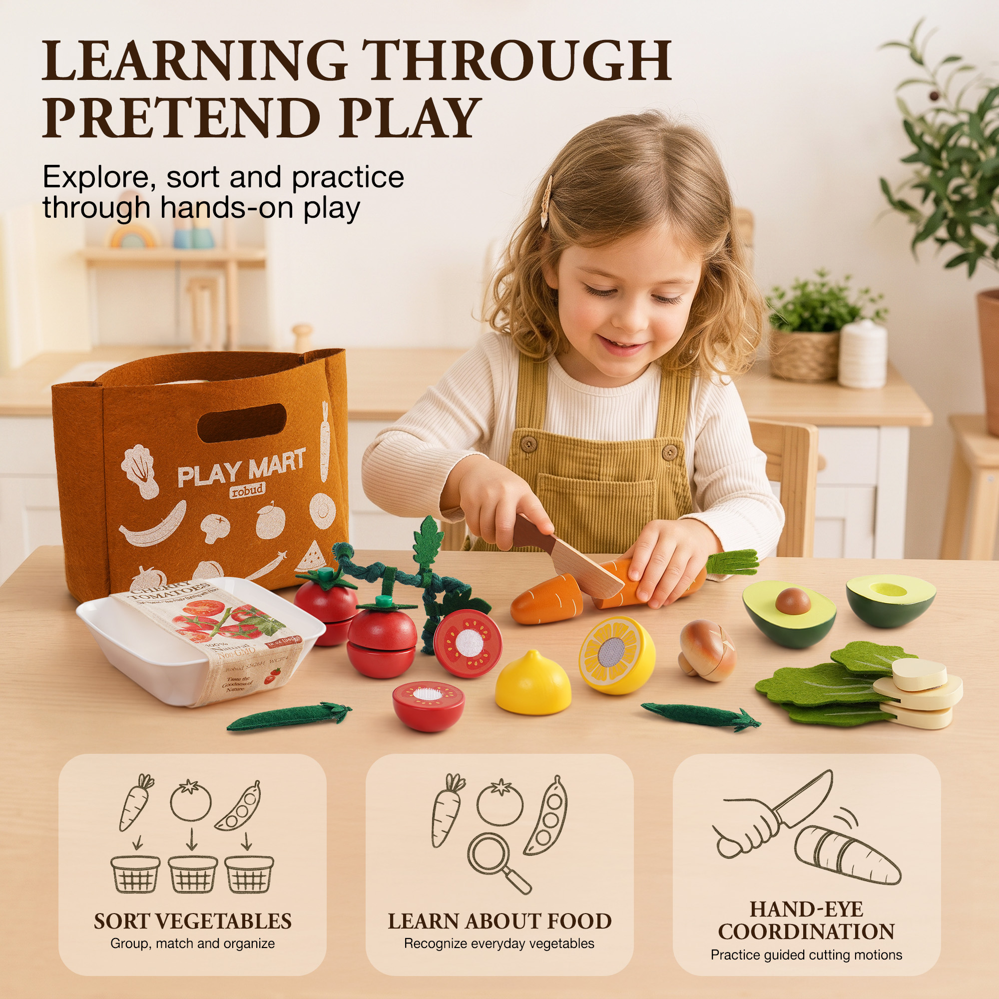 ROBUD Set de Verduras de Juguete de Madera para Cortar con Bolsa Play Mart – Image 7