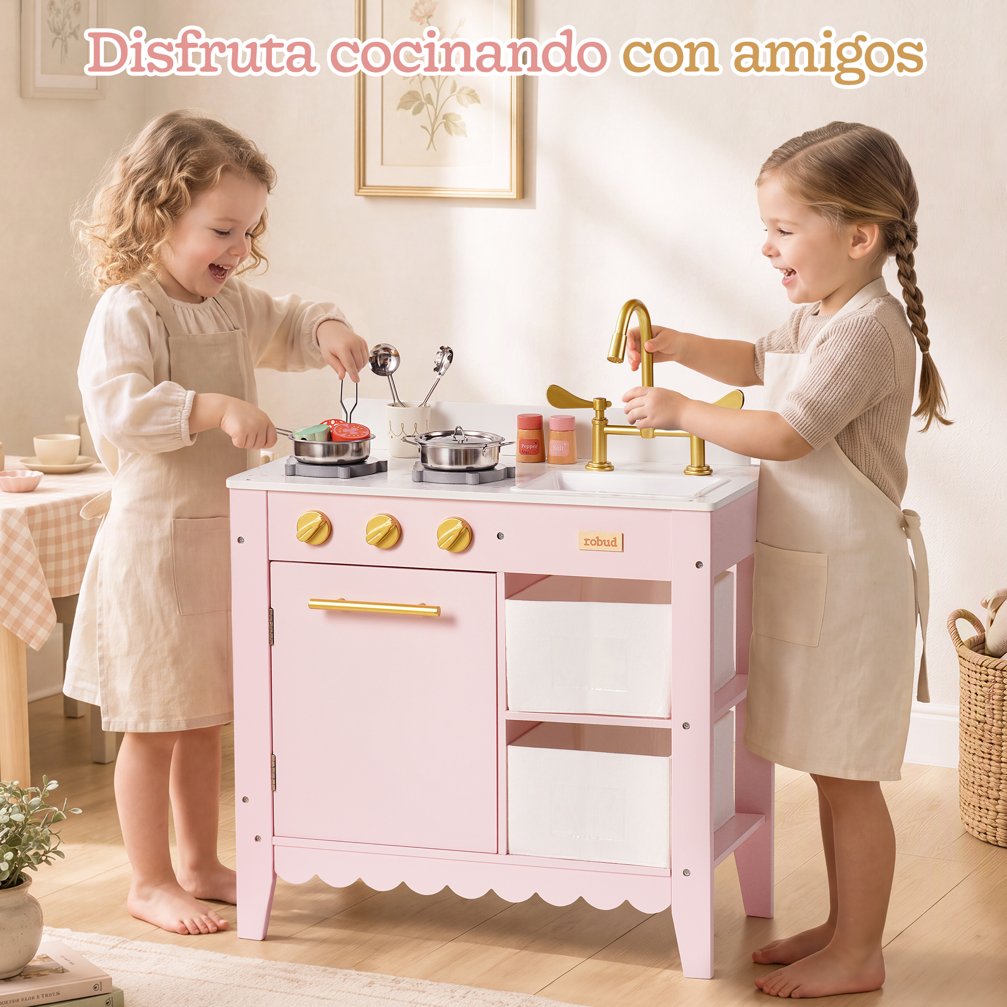 ROBUD Cocina de juguete de madera para niños pequeños – Rosa – Image 6