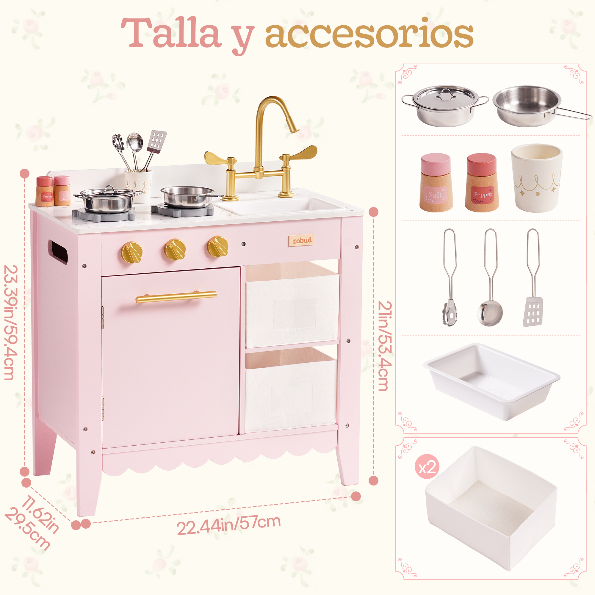 ROBUD Cocina de juguete de madera para niños pequeños – Rosa – Image 10