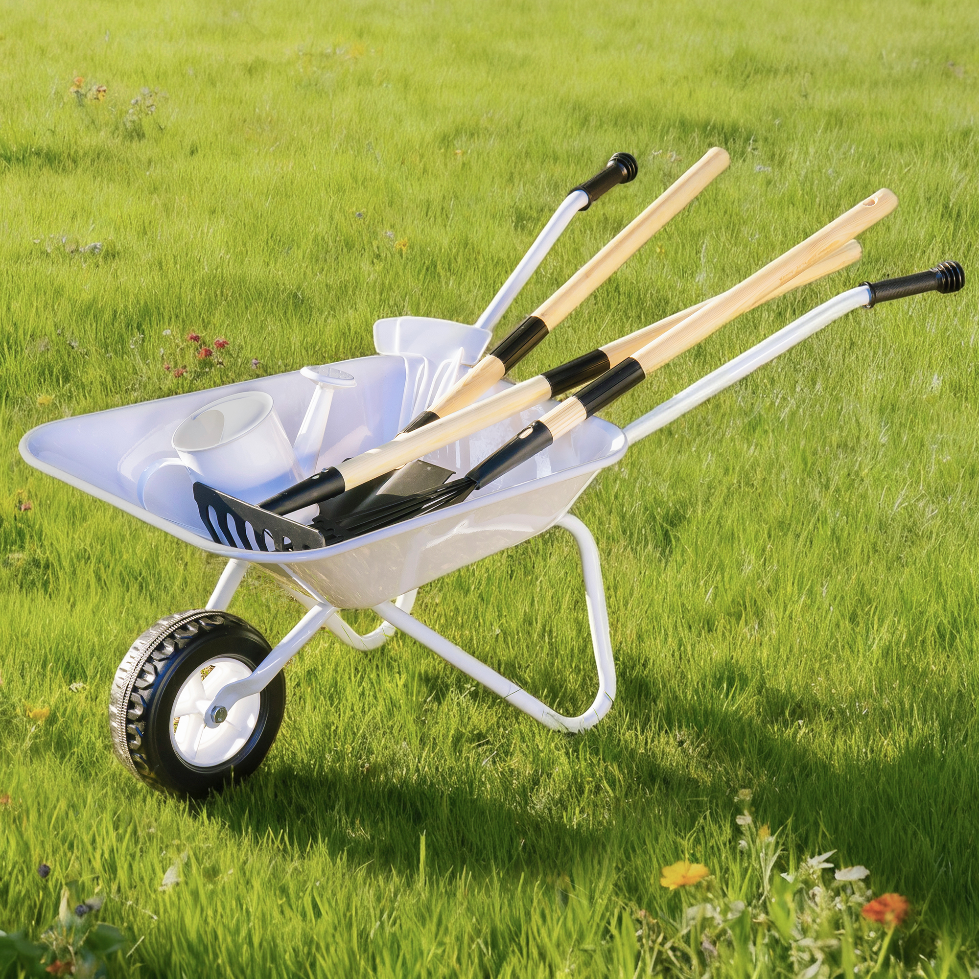 ROBUD Kids Wheelbarrow Set, Green Metal Toddler Wheelbarrow with Shovel, Hoe, Broom & Gloves, Kid Gardening Set for Kid to be Closer to Nature