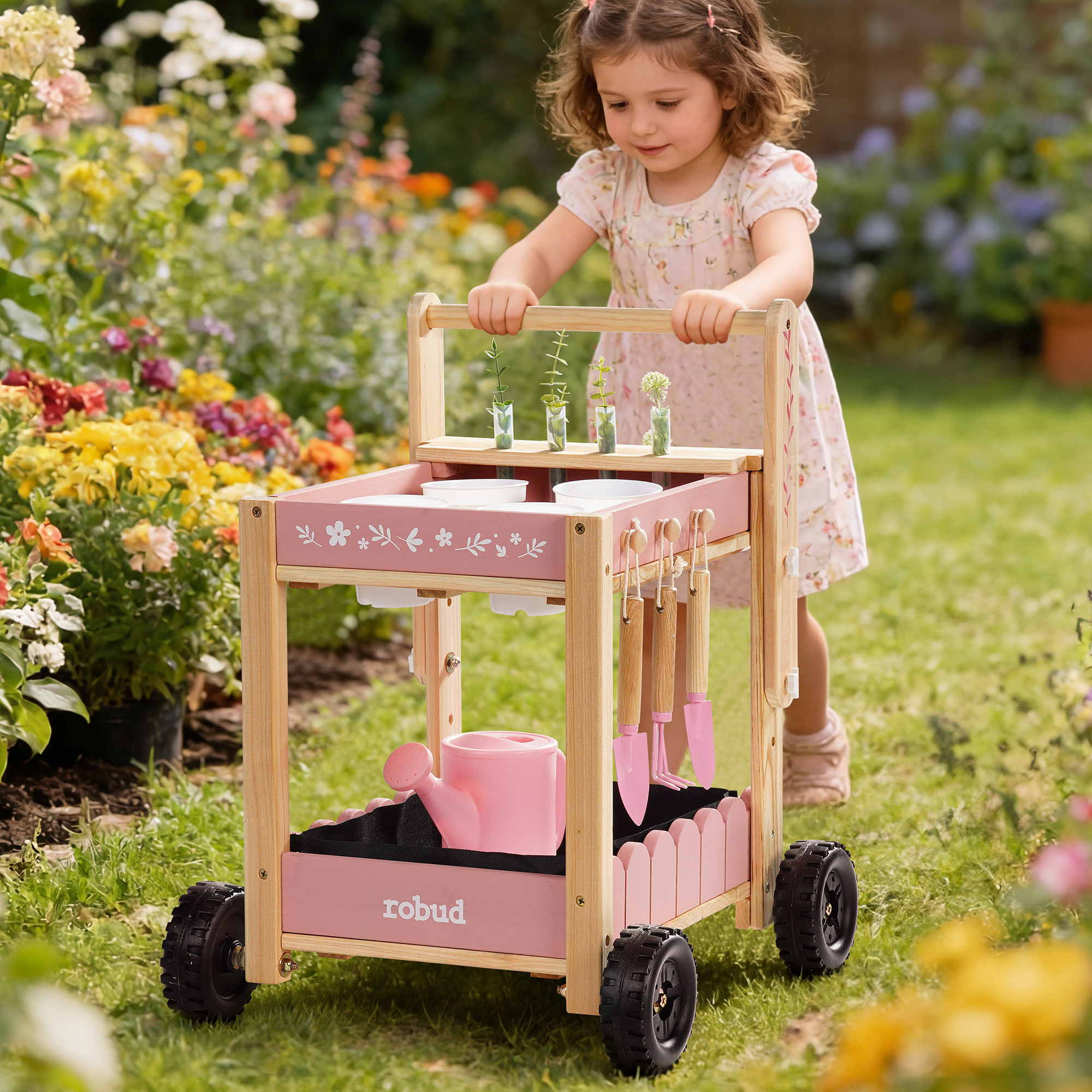 ROBUD Kids Gardening Set with Wooden Trolley
