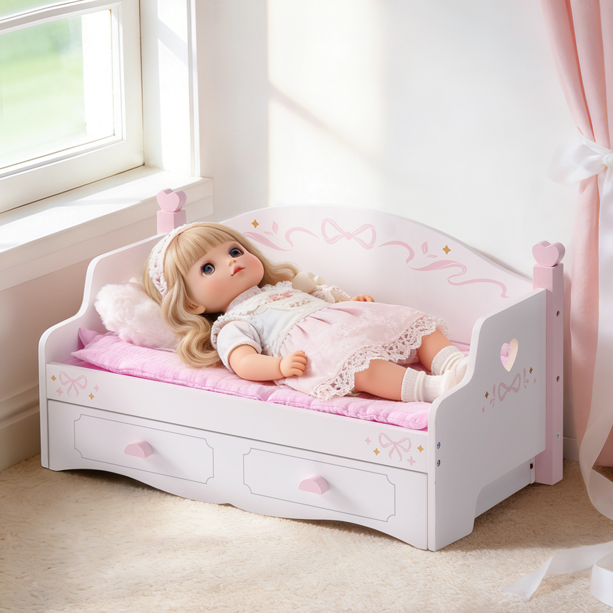 ROBUD Wooden All-in-One Baby Doll Doll Bunk Bed Sofa with Mattress