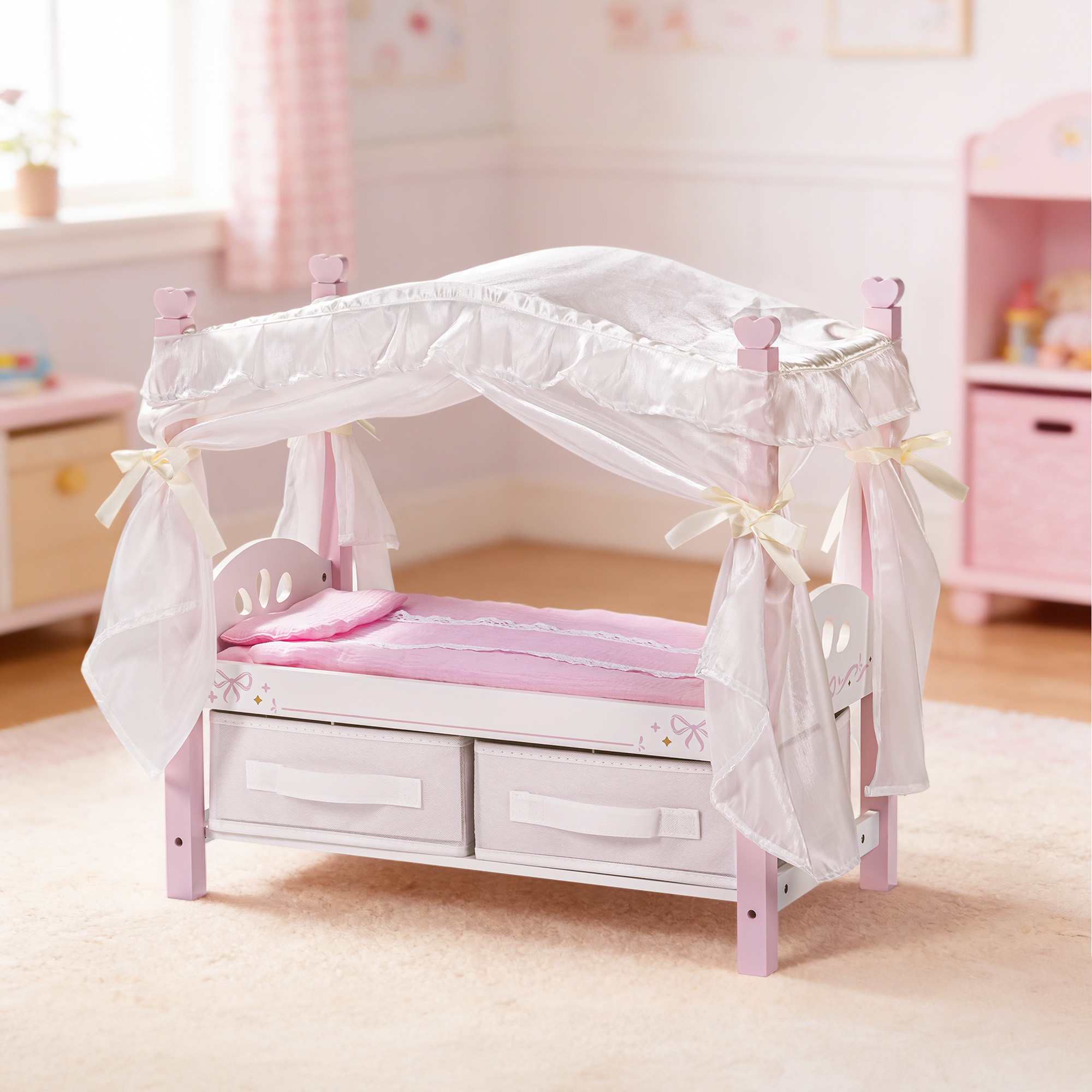 ROBUD Wooden Doll Canopy Bed for 18 Inch Dolls