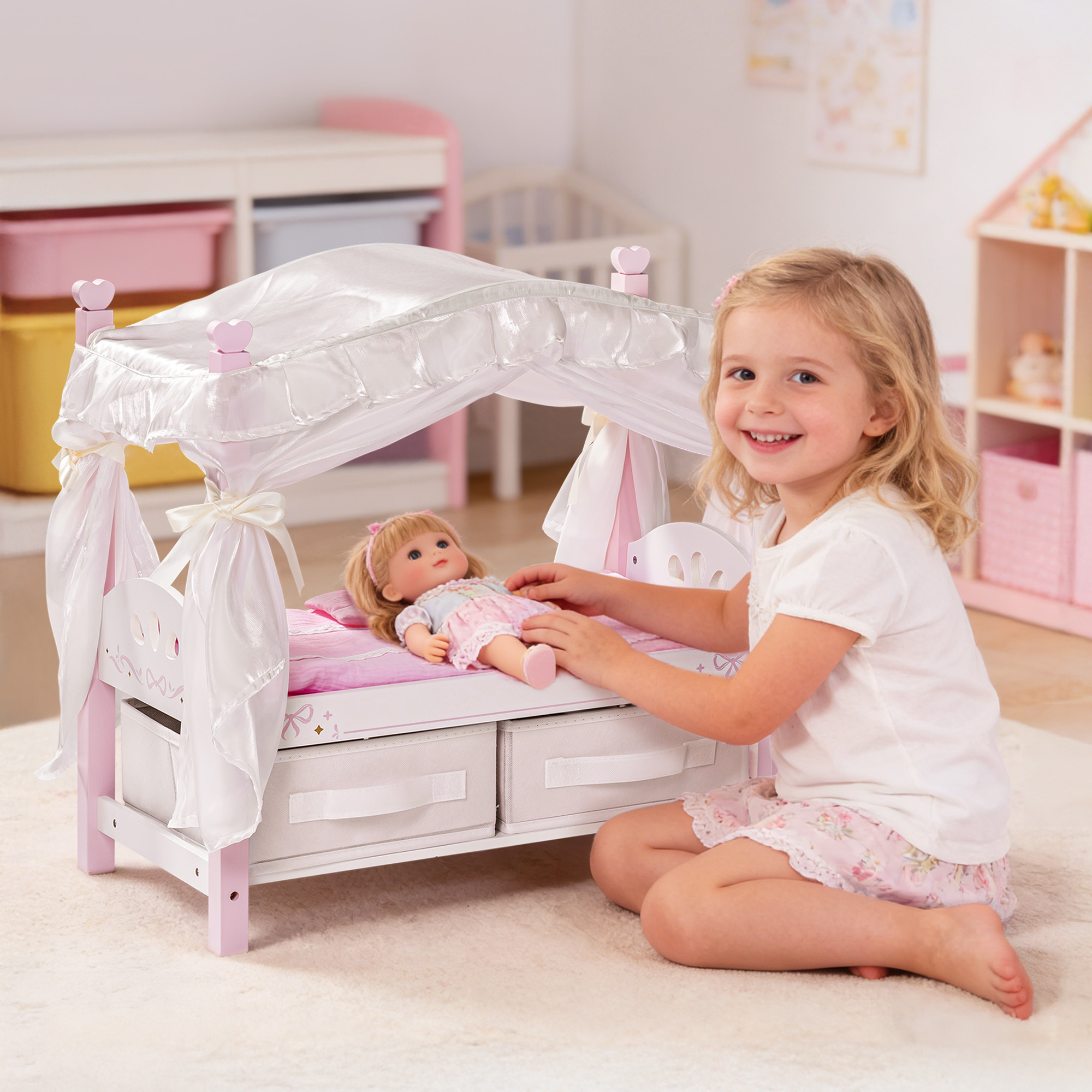 ROBUD Wooden Doll Canopy Bed for 18 Inch Dolls