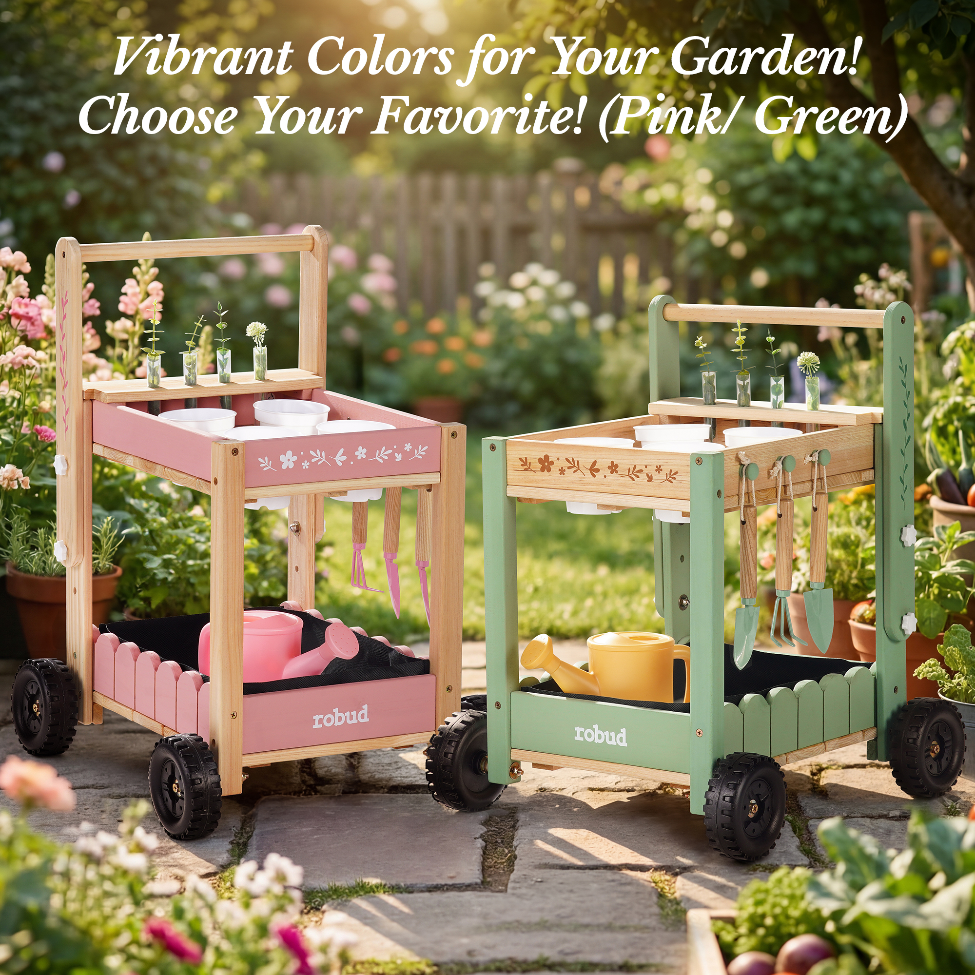 ROBUD Kids Gardening Set with Wooden Trolley