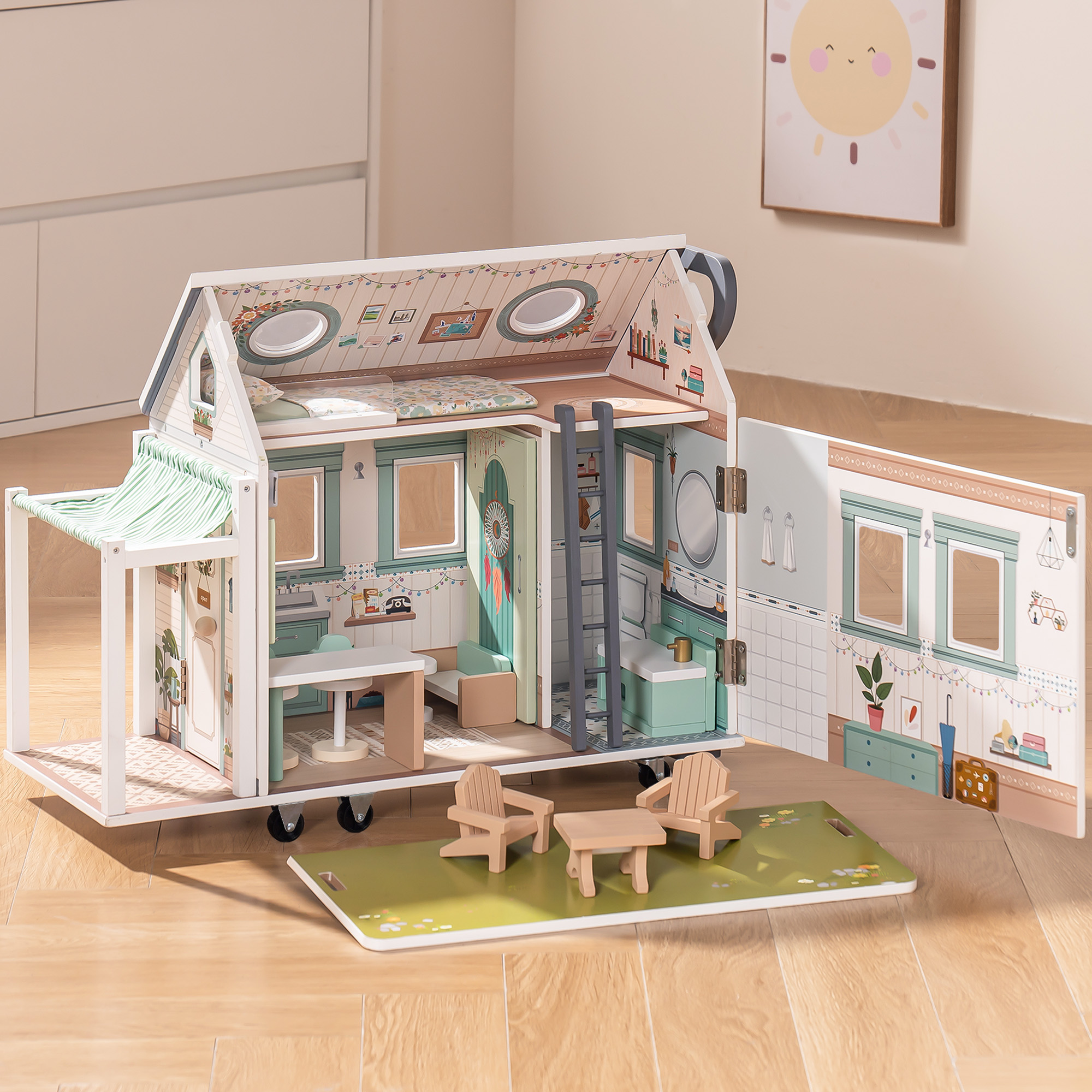 ROBUD Wooden Realistic Camper Van Dollhouse