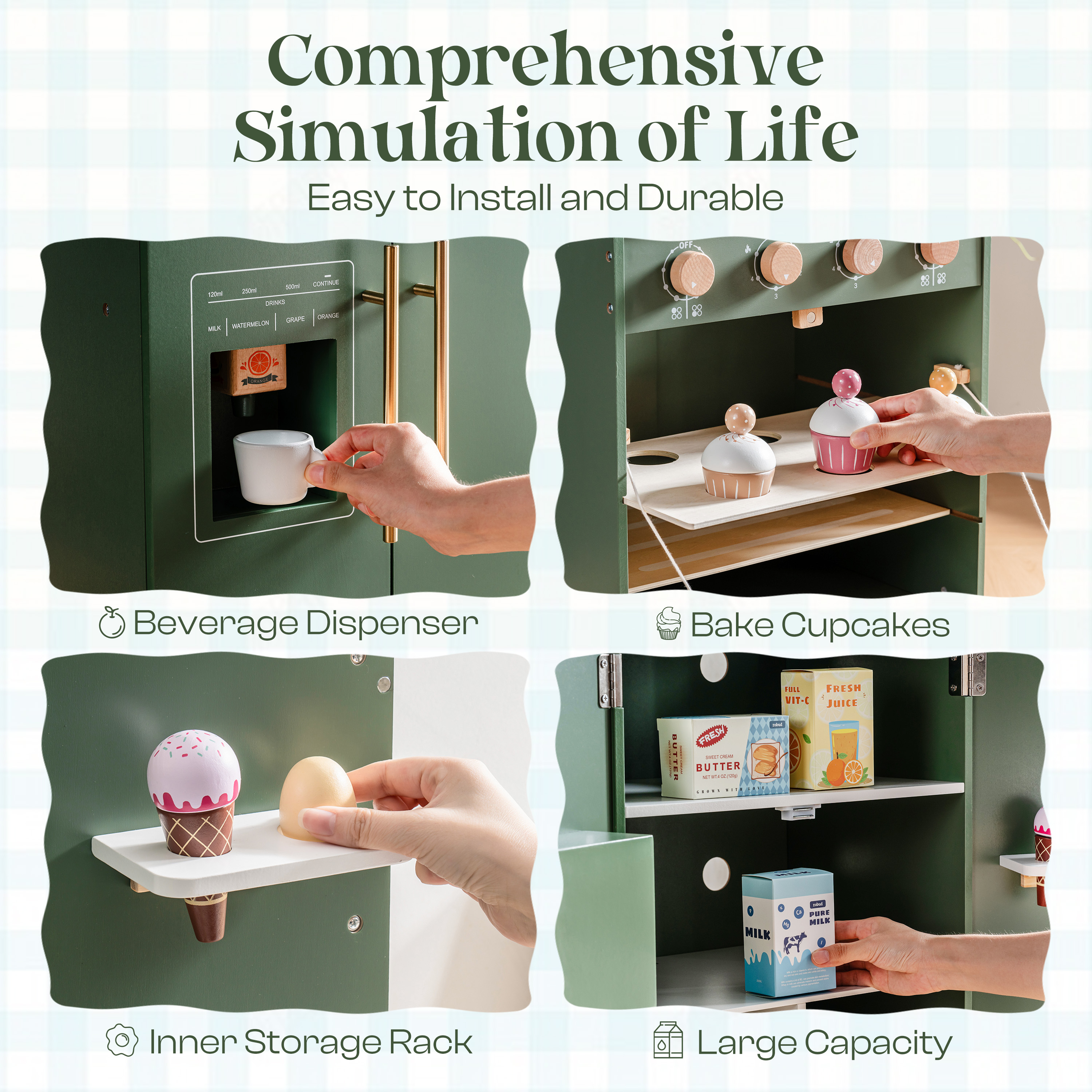 ROBUD Wooden 3 Pieces Kids Kitchen Playset -  Vintage Green