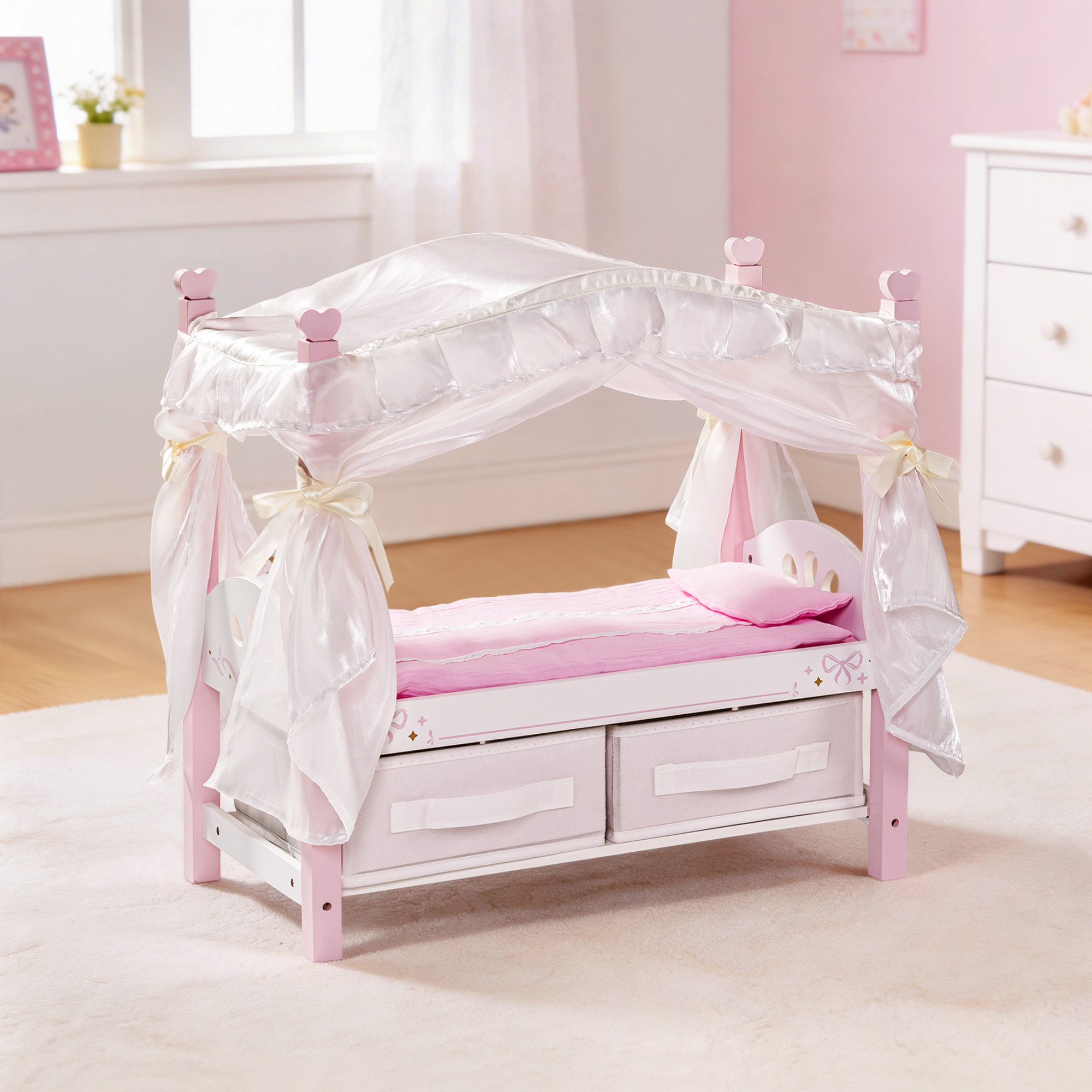 ROBUD Wooden Doll Canopy Bed for 18 Inch Dolls