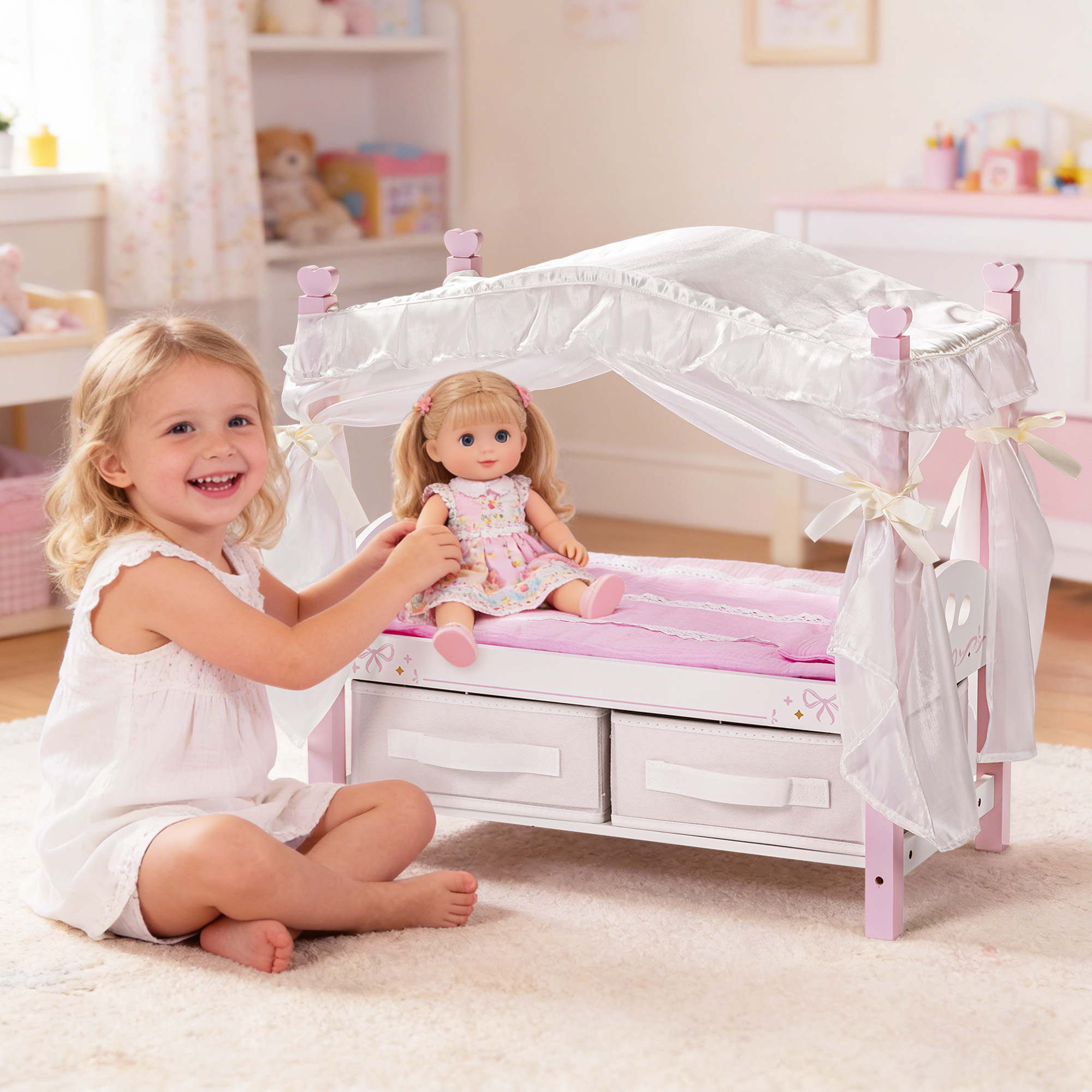 ROBUD Wooden Doll Canopy Bed for 18 Inch Dolls
