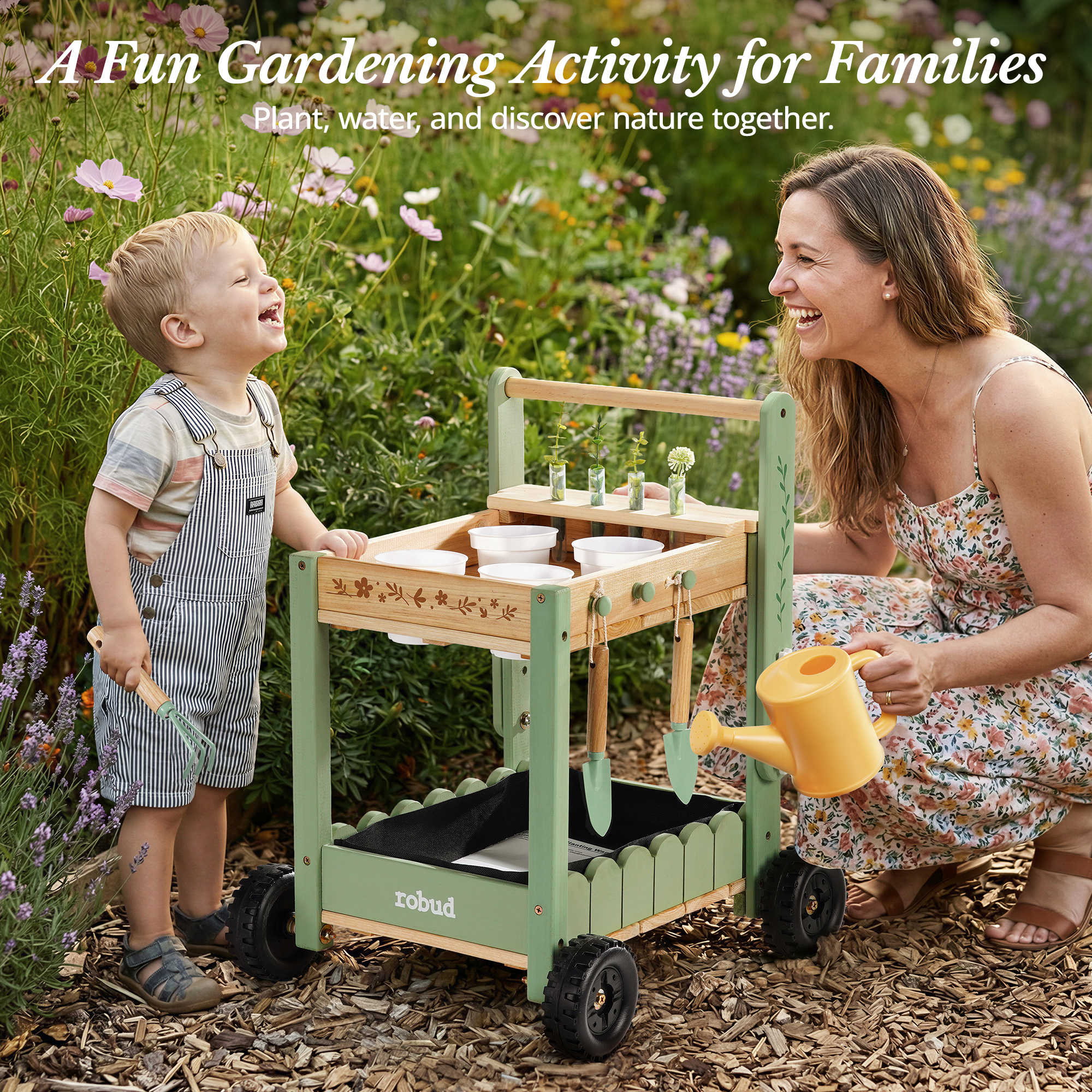 ROBUD Kids Gardening Set with Wooden Trolley