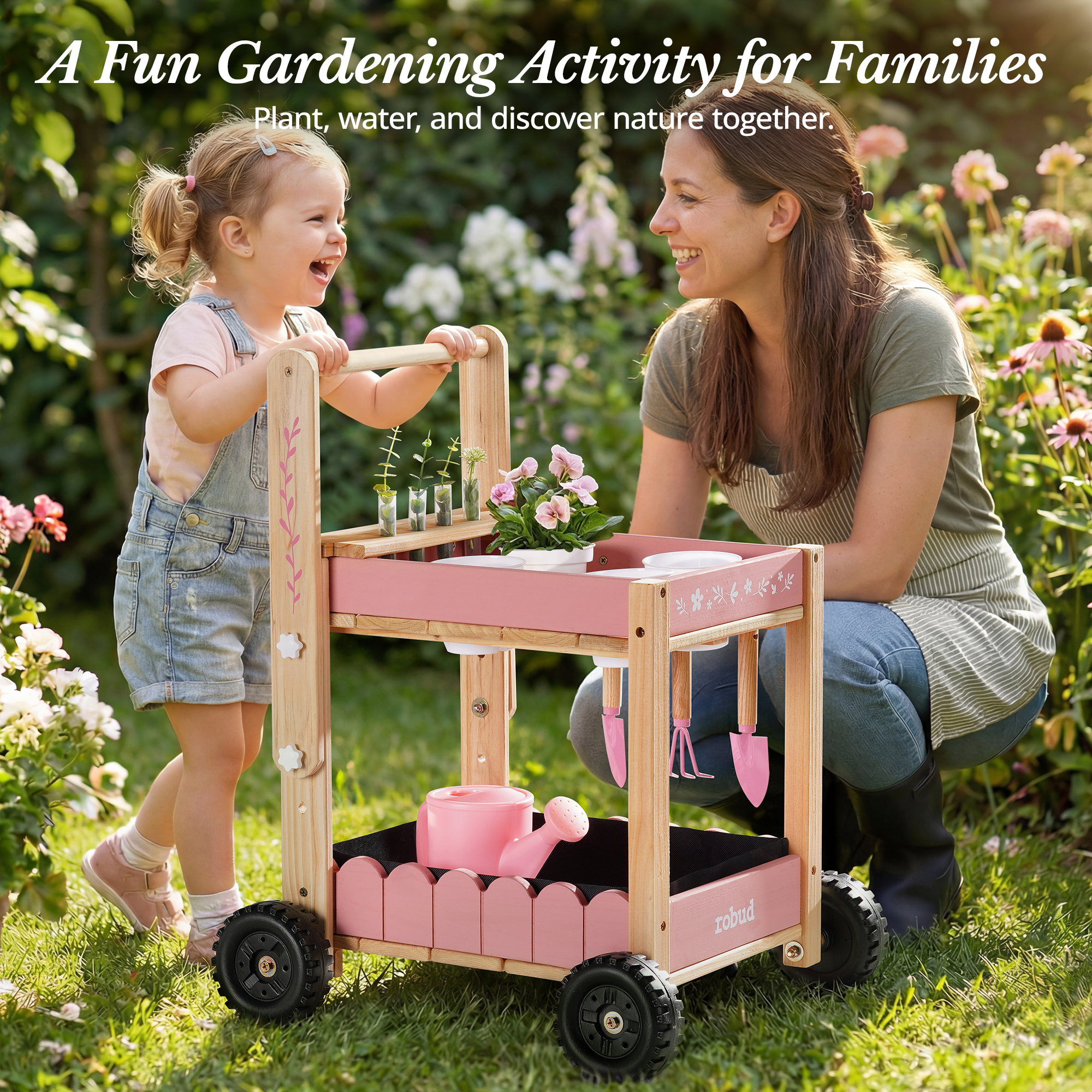 ROBUD Kids Gardening Set with Wooden Trolley