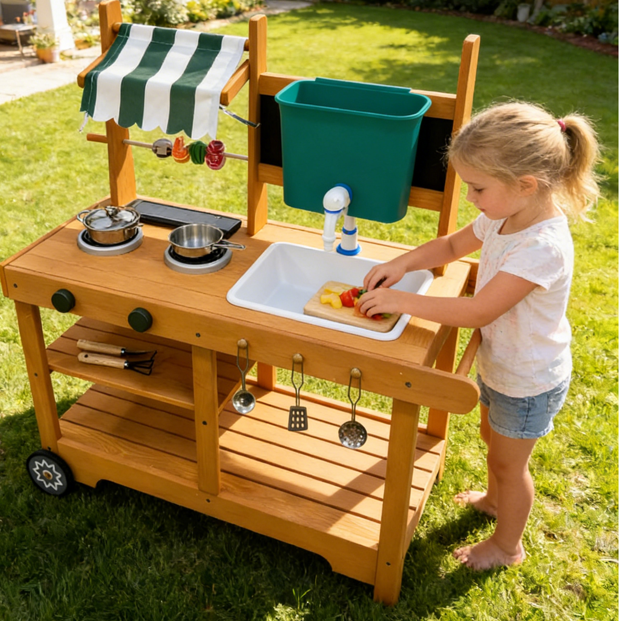 ROBUD Mud Kitchen for Kids Outdoor with Canopy & Wheels