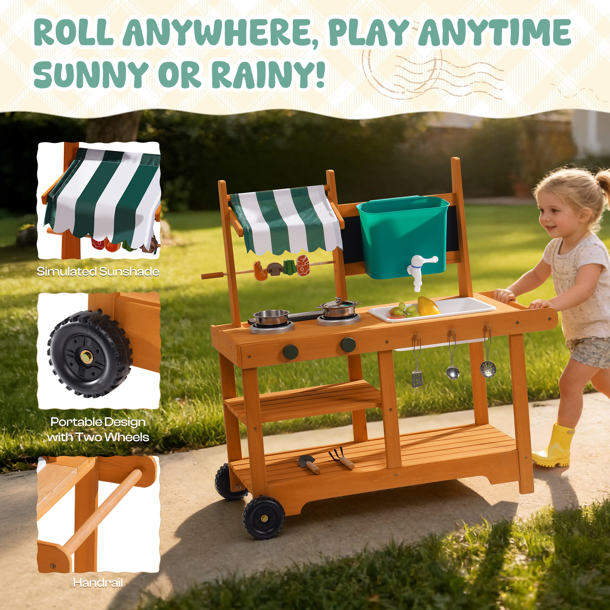 ROBUD Mud Kitchen for Kids Outdoor with Canopy & Wheels
