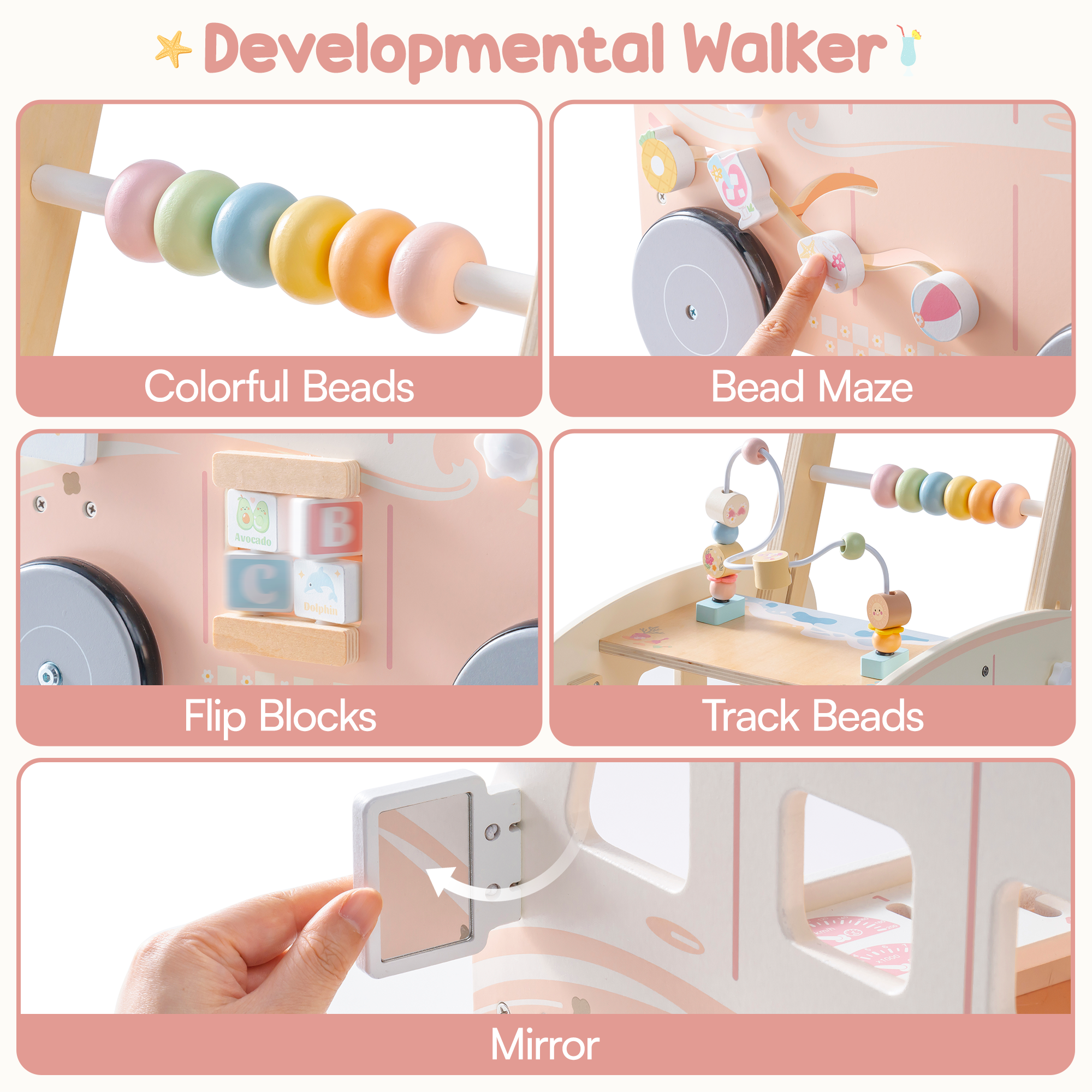 ROBUD Wooden Baby Push Walker - Pink Vacation Bus