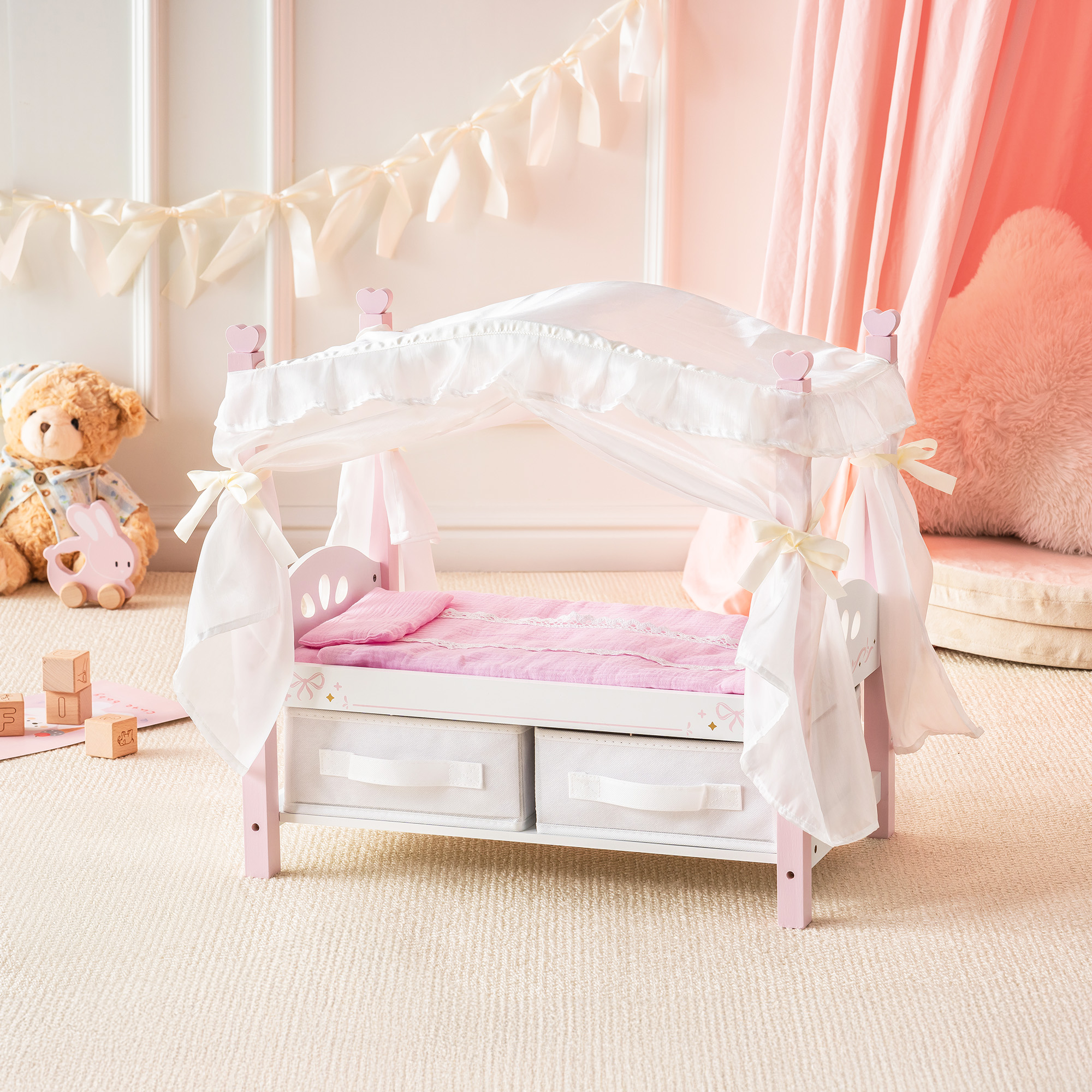 ROBUD Wooden Doll Canopy Bed for 18 Inch Dolls