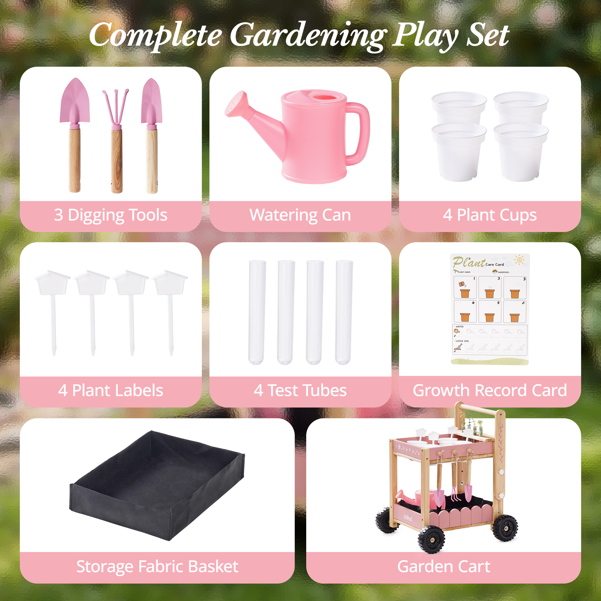 ROBUD Kids Gardening Set with Wooden Trolley